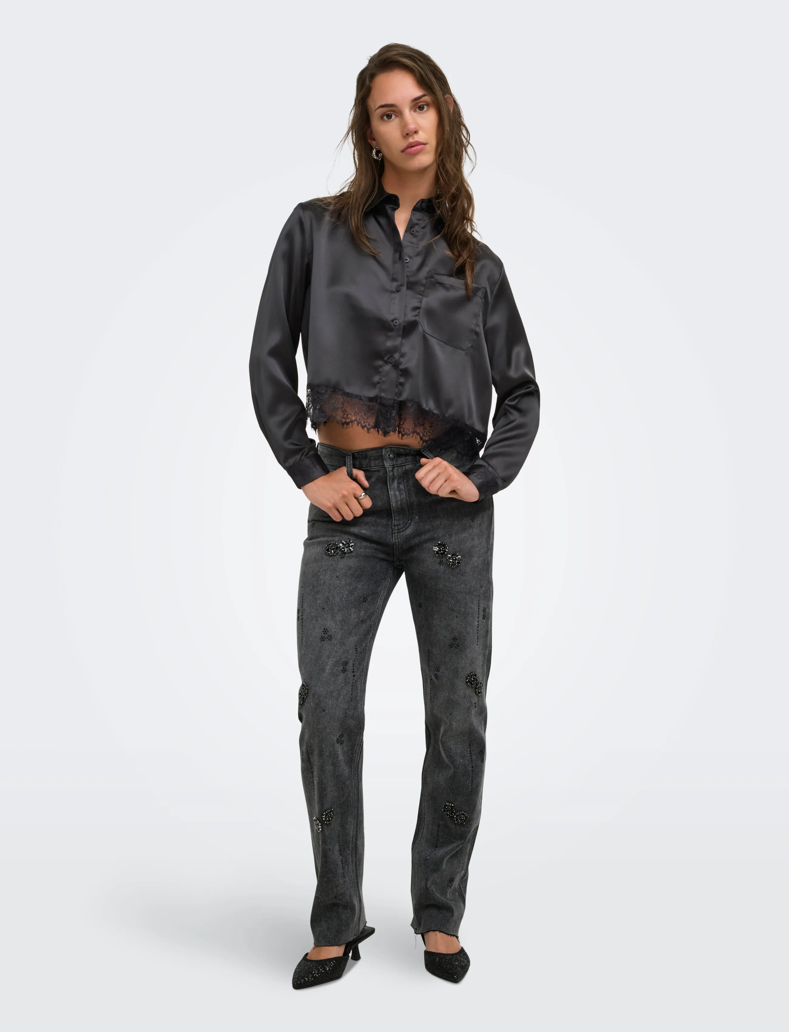 ONLY - ONLINDONA L/S SATIN LACE SHIRT WVN - long-sleeved shirts - black - 4