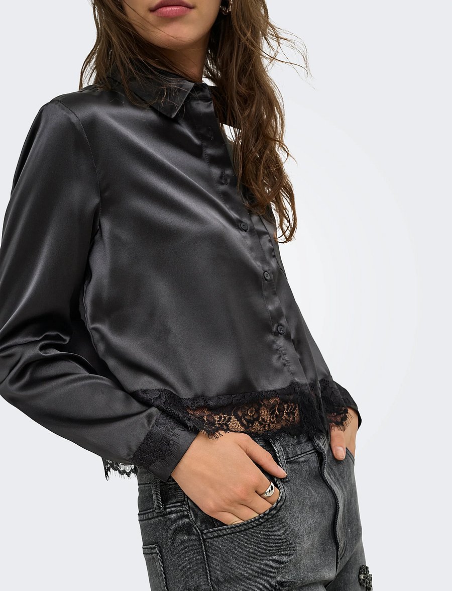ONLY - ONLINDONA L/S SATIN LACE SHIRT WVN - langärmlige hemden - black - 5