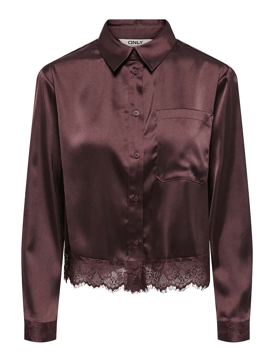 ONLY - ONLINDONA L/S SATIN LACE SHIRT WVN - langærmede skjorter - chocolate torte - 1