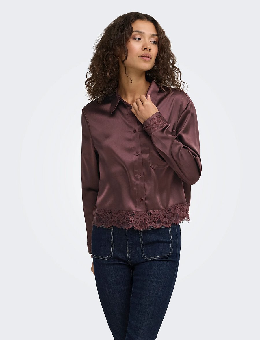 ONLY - ONLINDONA L/S SATIN LACE SHIRT WVN - langærmede skjorter - chocolate torte - 0
