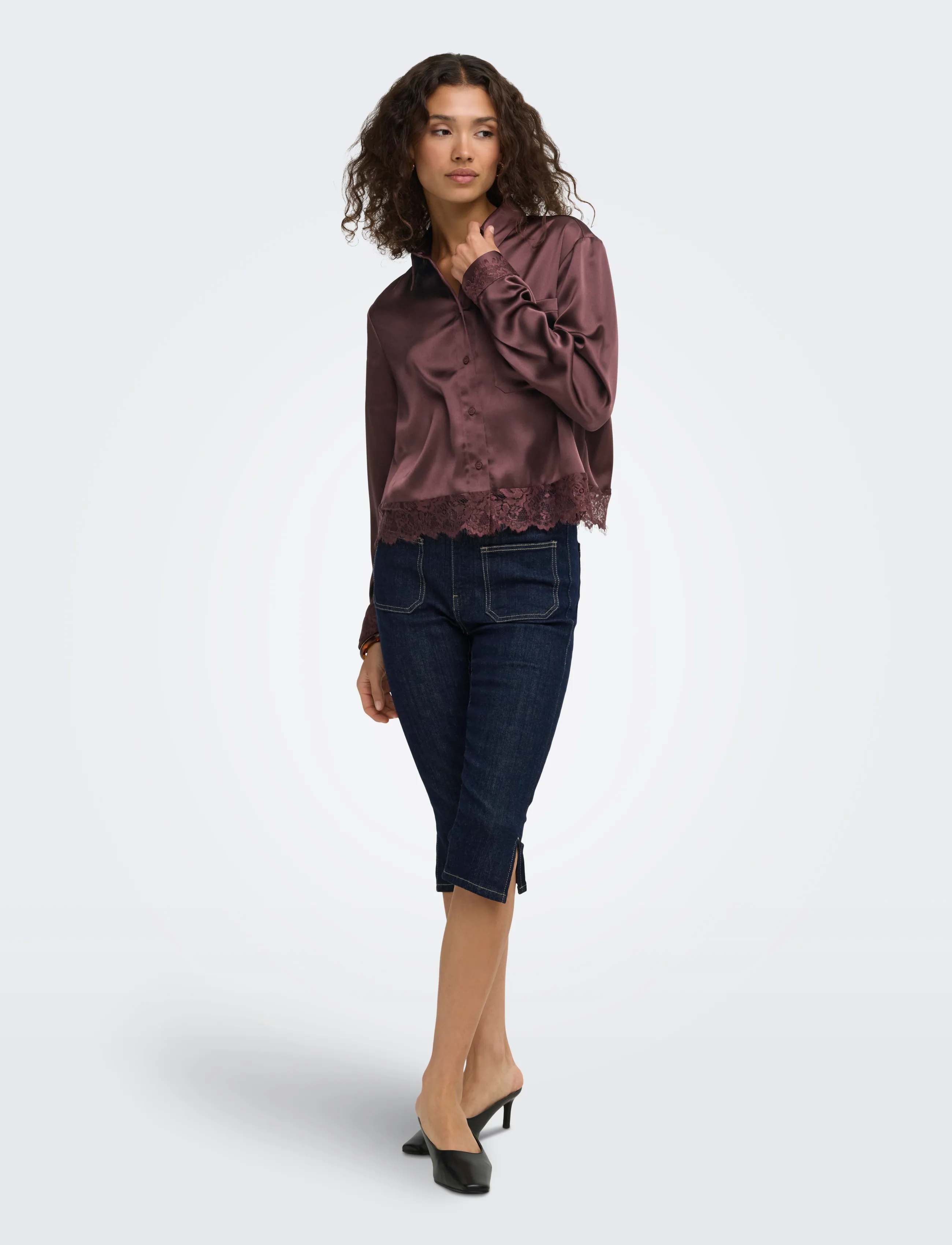 ONLY - ONLINDONA L/S SATIN LACE SHIRT WVN - langærmede skjorter - chocolate torte - 4