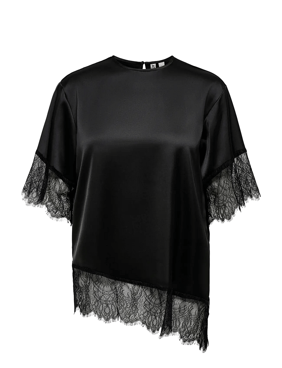 ONLY - ONLINDONA 2/4 SATIN LACE TOP WVN - kortärmade blusar - black - 1