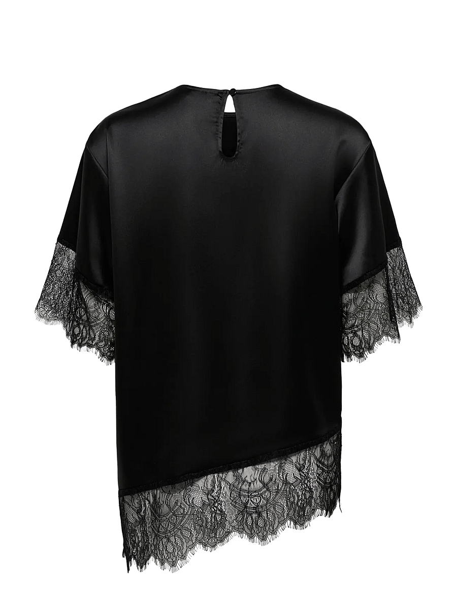 ONLY - ONLINDONA 2/4 SATIN LACE TOP WVN - kortärmade blusar - black - 2