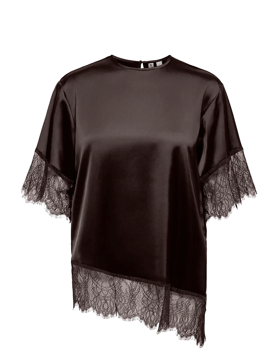 ONLY - ONLINDONA 2/4 SATIN LACE TOP WVN - kortärmade blusar - chocolate torte - 1