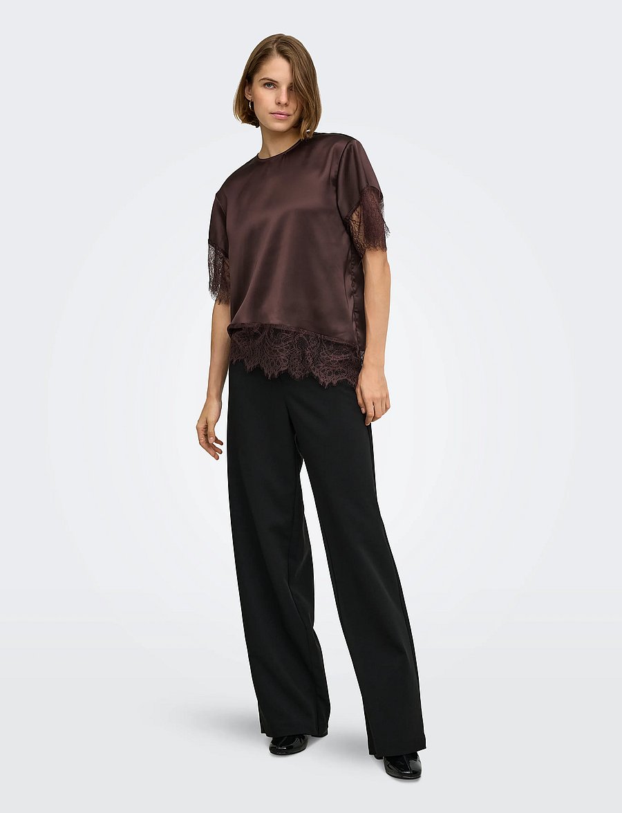 ONLY - ONLINDONA 2/4 SATIN LACE TOP WVN - kortärmade blusar - chocolate torte - 4