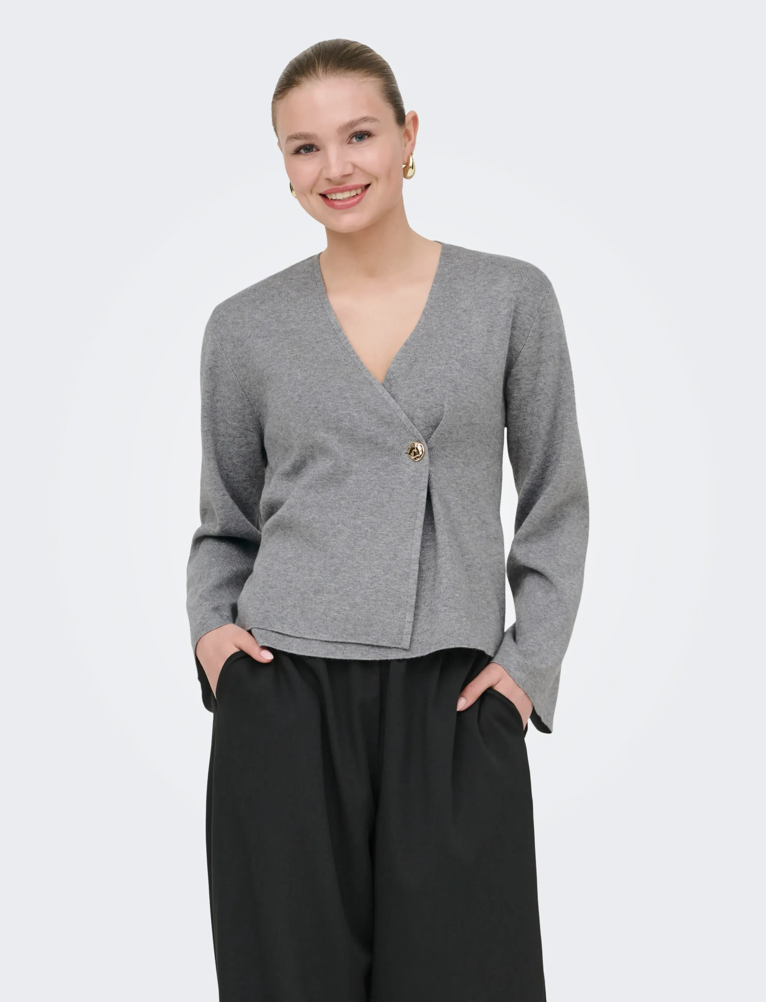 ONLY Onljing Ls Vneck One Button Cardi Ex Knt, Kvinder, Slå Om Cardigan, Grå, Str: L