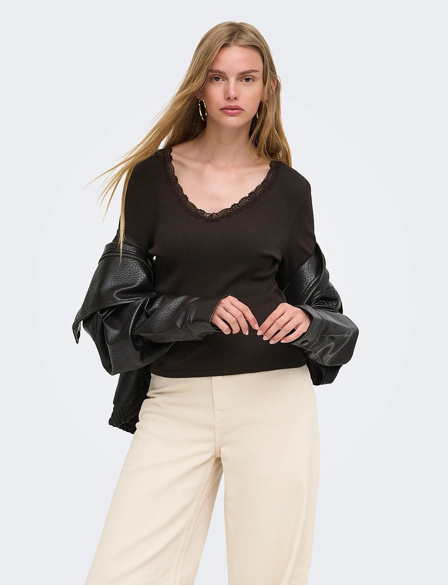 ONLY - ONLSARA SHARAI L/S V-NECK TOP JRS NOOS - langärmlige tops - chocolate torte - 0
