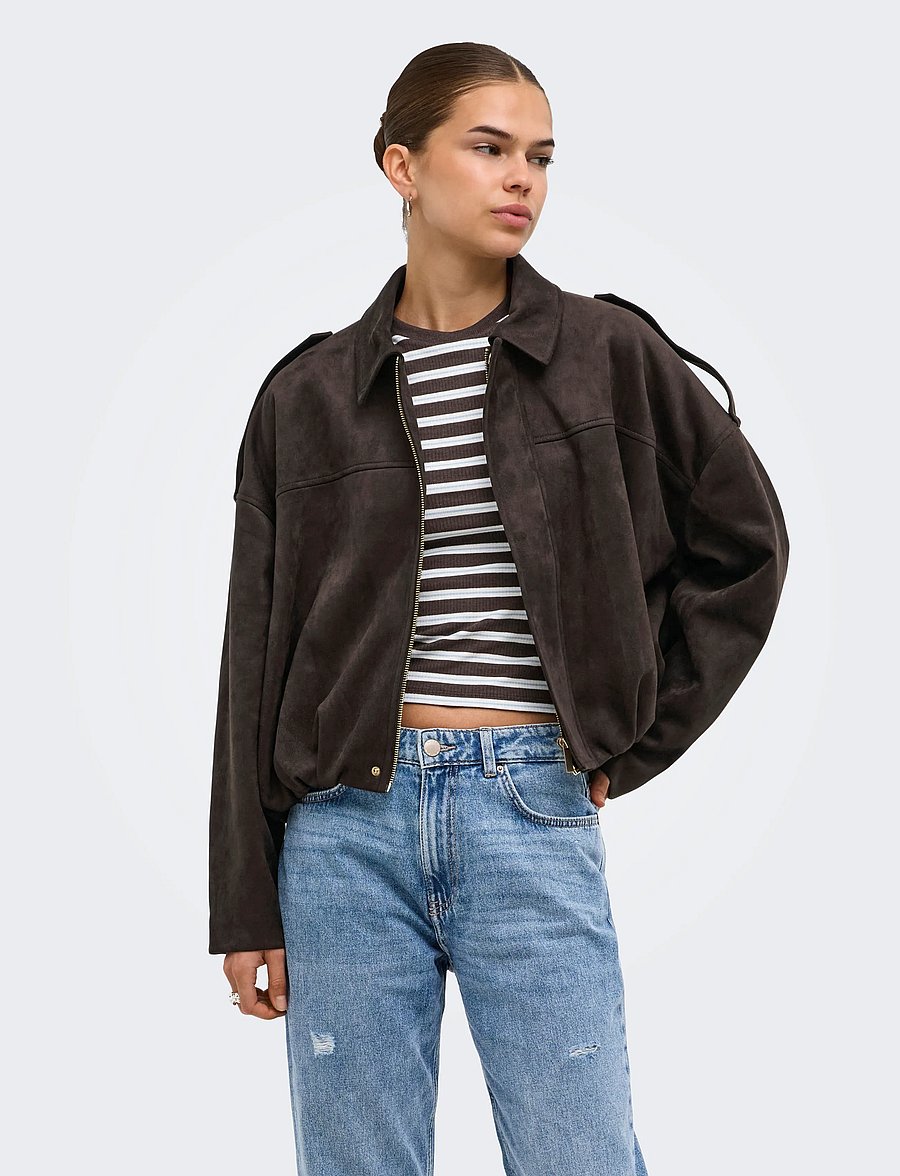 ONLY - ONLMOON-STINA FAUX SUEDE BOMBER PNT NOOS - frühlingsjacken - chocolate torte - 0