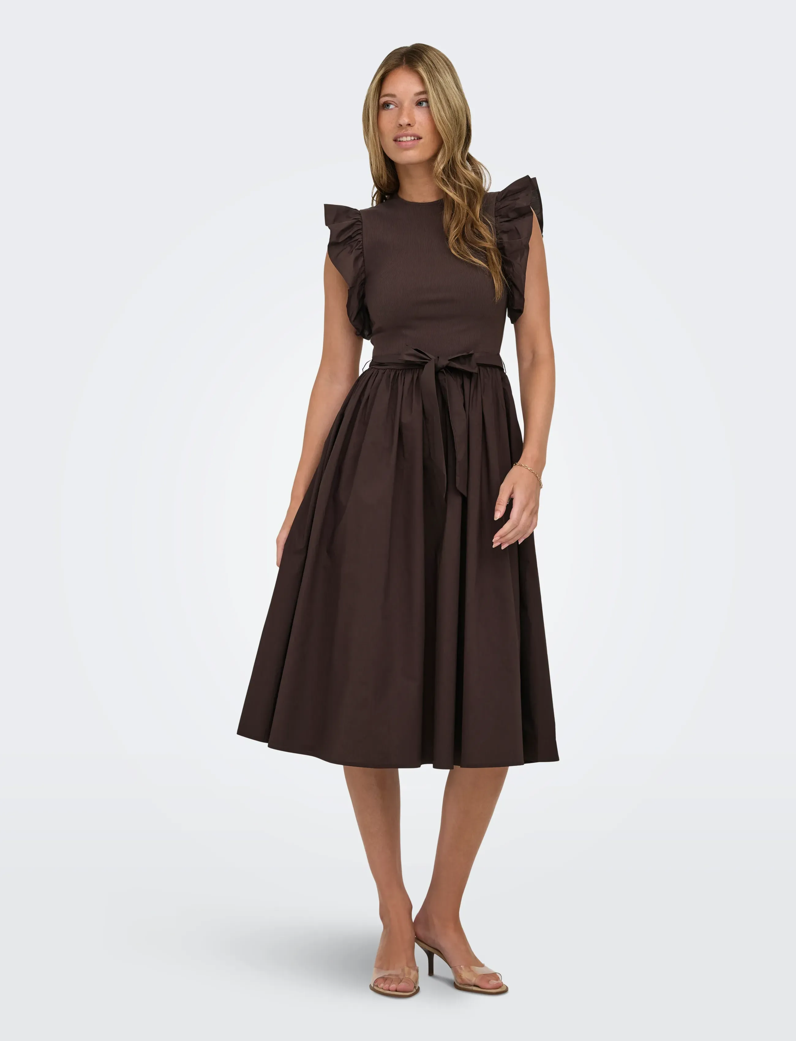 ONLY ONLAVALORA S/L LONG BELT DRESS WVN EX - Riided - BLACK COFFEE / brown