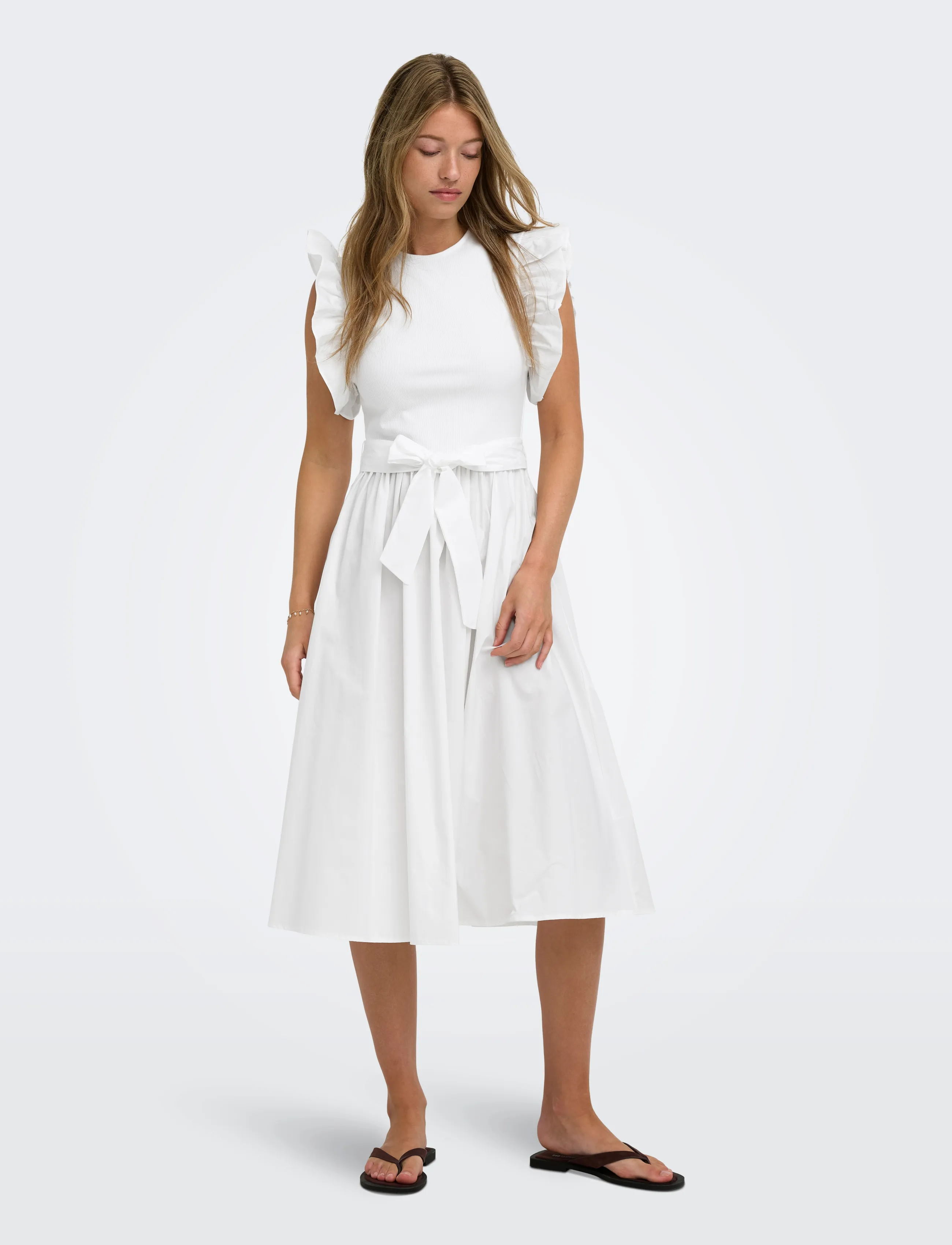 ONLY Onlavalora S/L Long Belt Dress Wvn Ex, S, Dresses, Weiß - Knee-length & Midi, Frauen