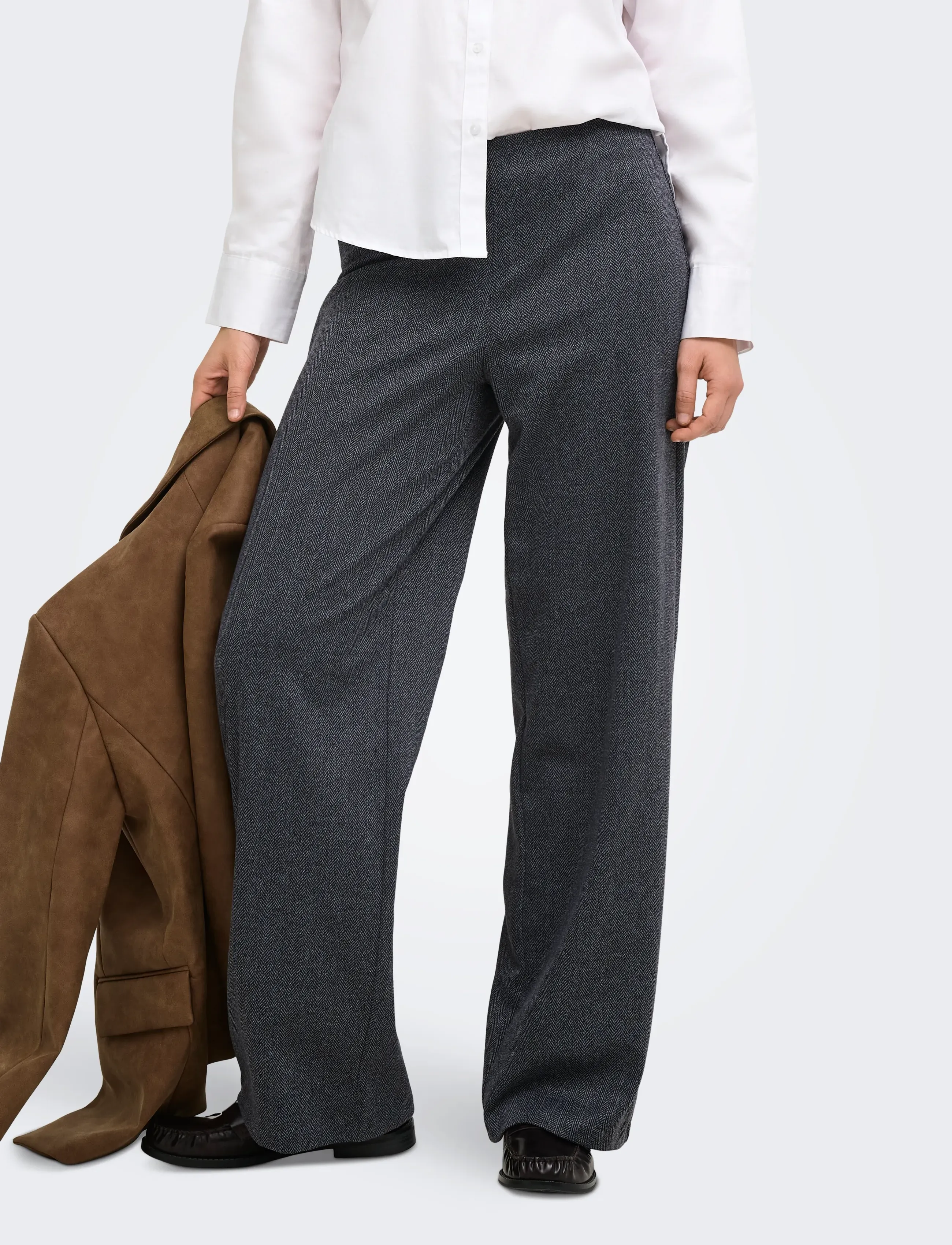 ONLY ONLBREMEN MW HERRINGBONE WIDE PANT PNT - Wide leg trousers - DARK GREY MELANGE / grey