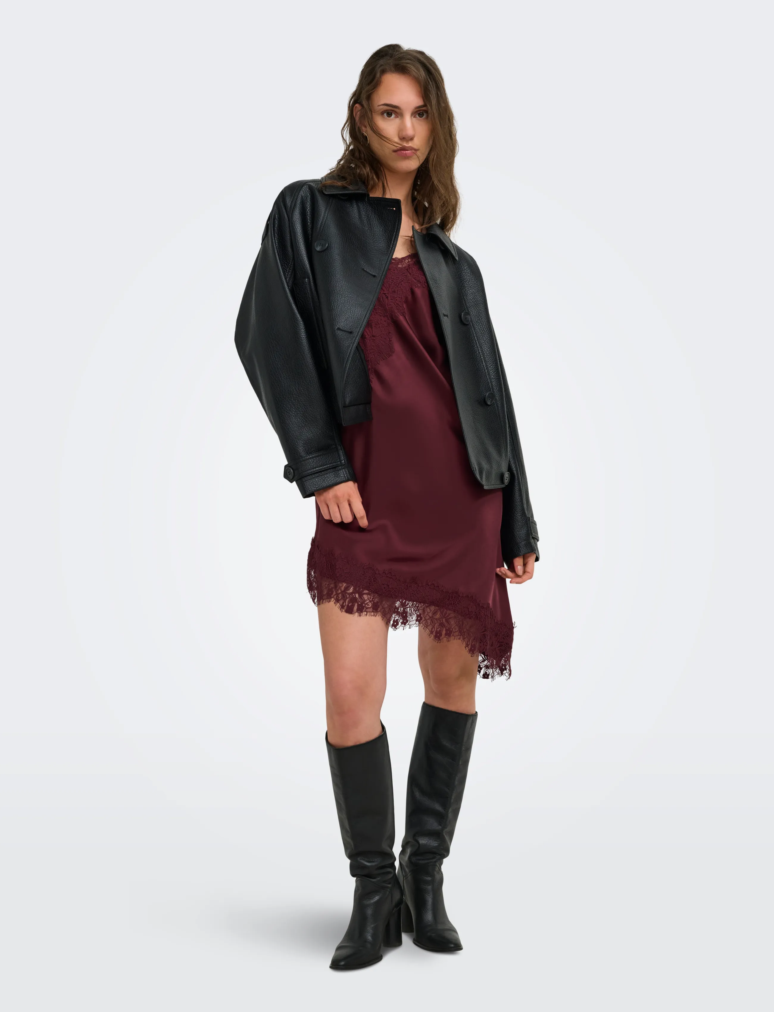 ONLY ONLINDONA STRAP SATIN LACE DRESS WVN - Klänningar - OXBLOOD RED / burgundy