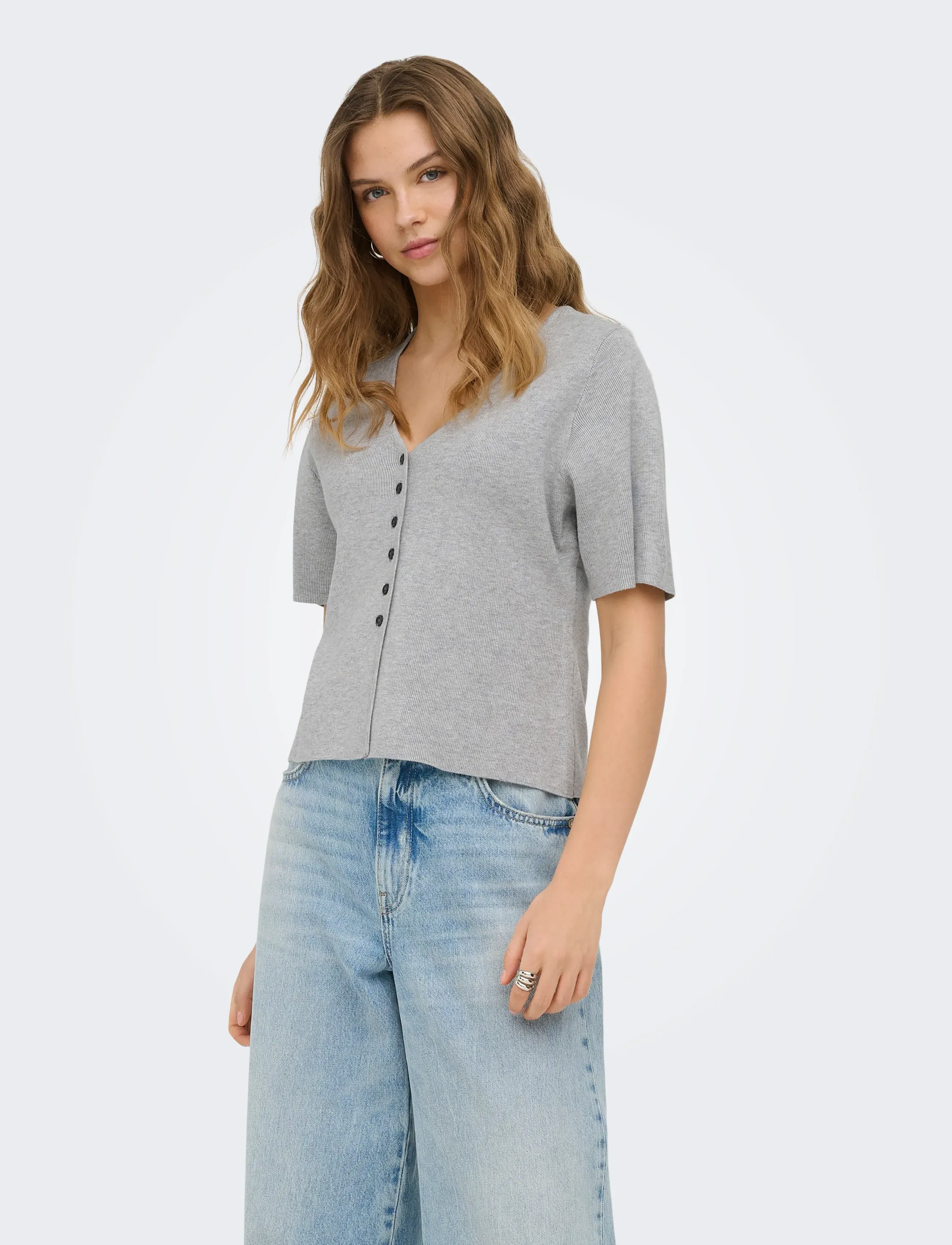 ONLY Onllucy Ss V-Neck Button Ex Knt, M, Grey, Strik > Cardigans, Dame