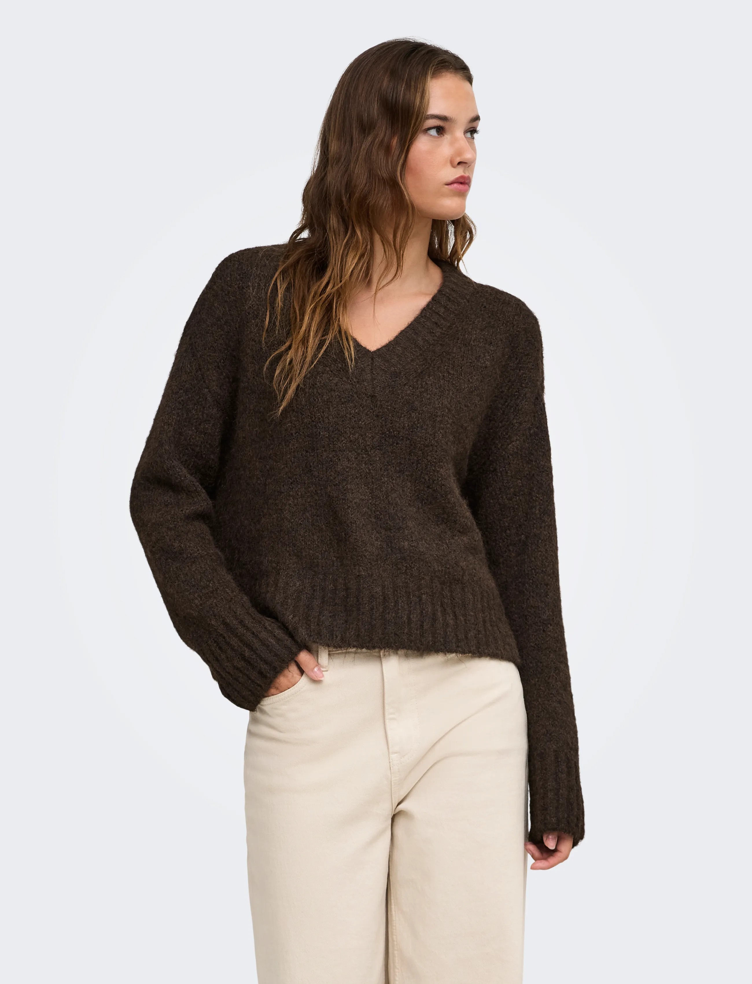 ONLY - ONLFIONA LS LOOSE V-NECK KNT - coffee bean - 0