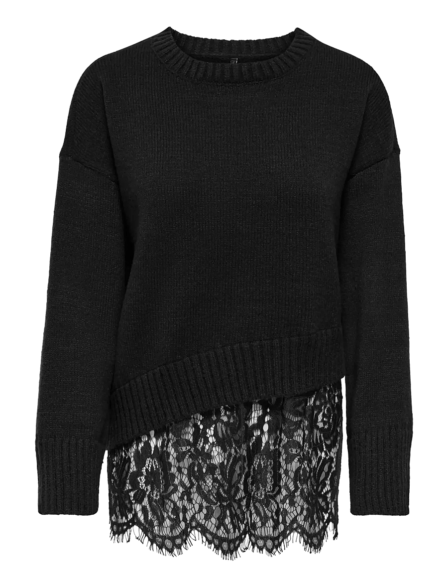 ONLY - ONLEVIE LS LACE MIX O-NECK KNT - stickade tröjor - black - 0