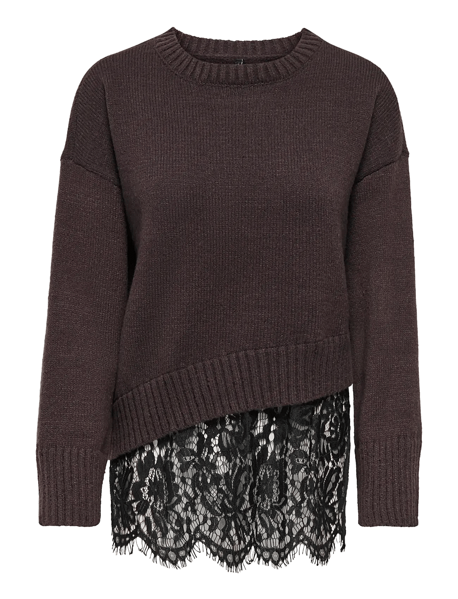 ONLY - ONLEVIE LS LACE MIX O-NECK KNT - stickade tröjor - coffee bean - 1