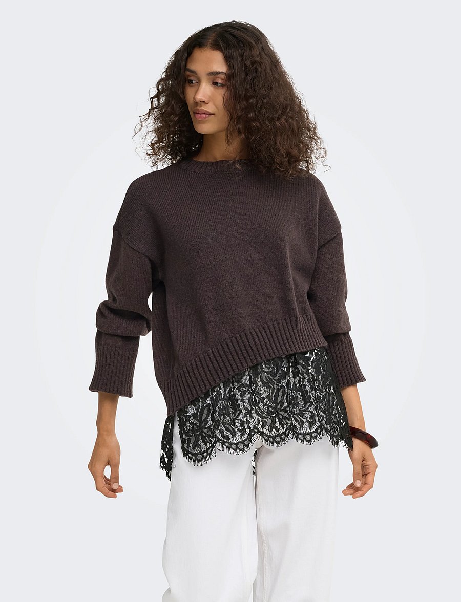 ONLY - ONLEVIE LS LACE MIX O-NECK KNT - stickade tröjor - coffee bean - 0
