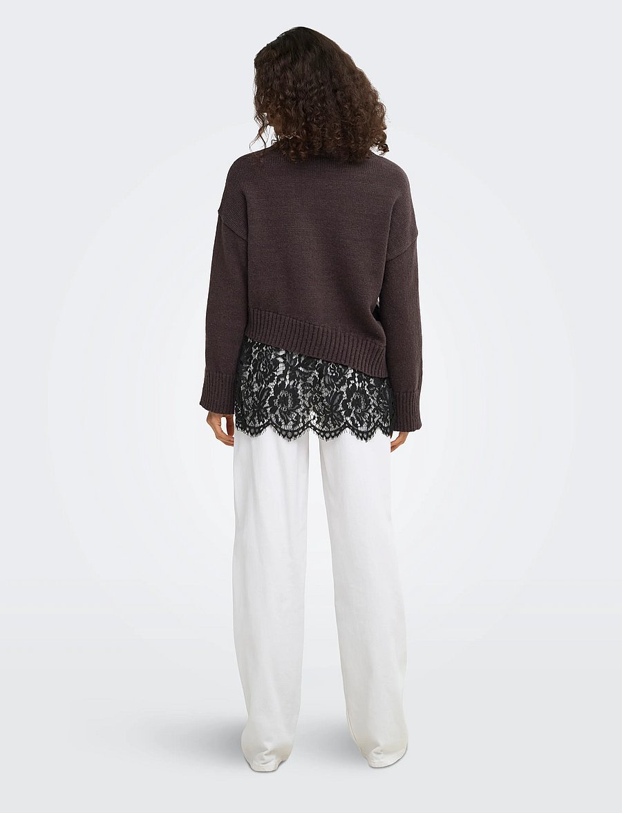 ONLY - ONLEVIE LS LACE MIX O-NECK KNT - stickade tröjor - coffee bean - 3