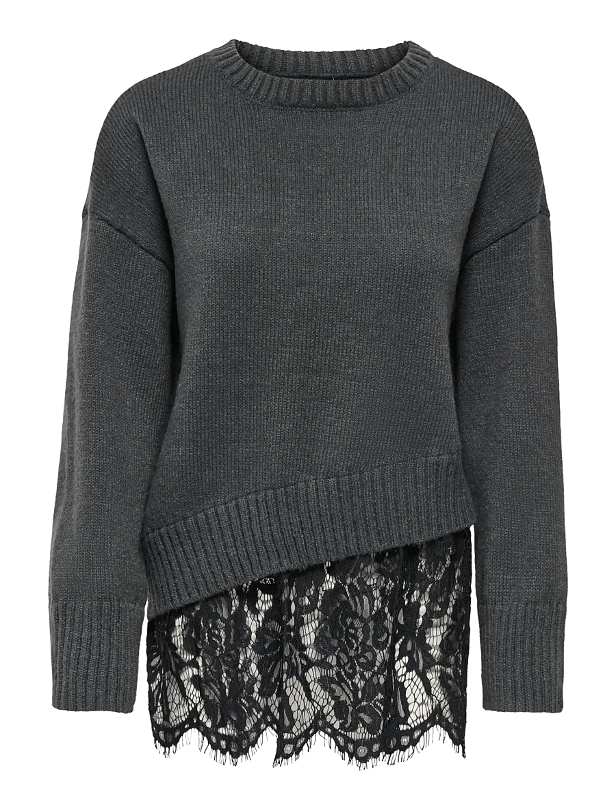 ONLY - ONLEVIE LS LACE MIX O-NECK KNT - stickade tröjor - dark grey melange - 1