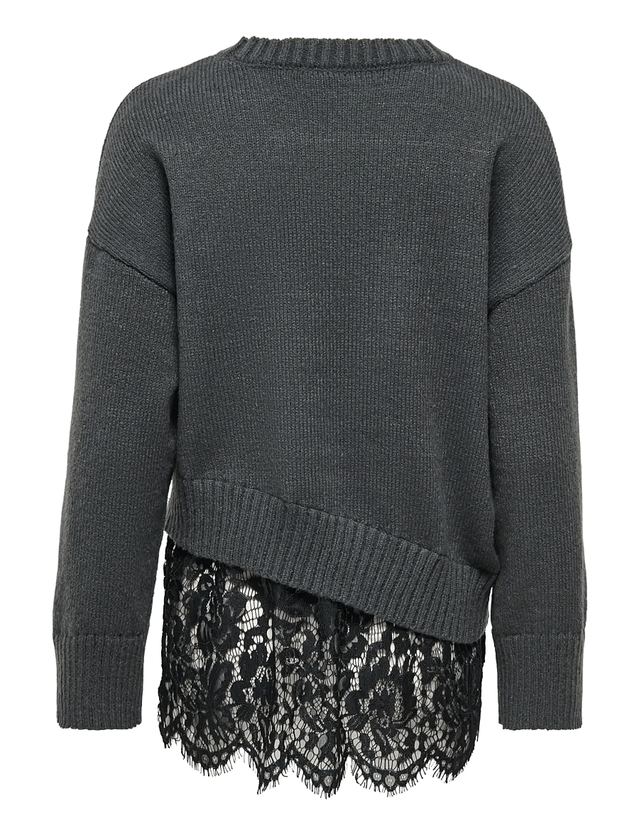 ONLY - ONLEVIE LS LACE MIX O-NECK KNT - stickade tröjor - dark grey melange - 2