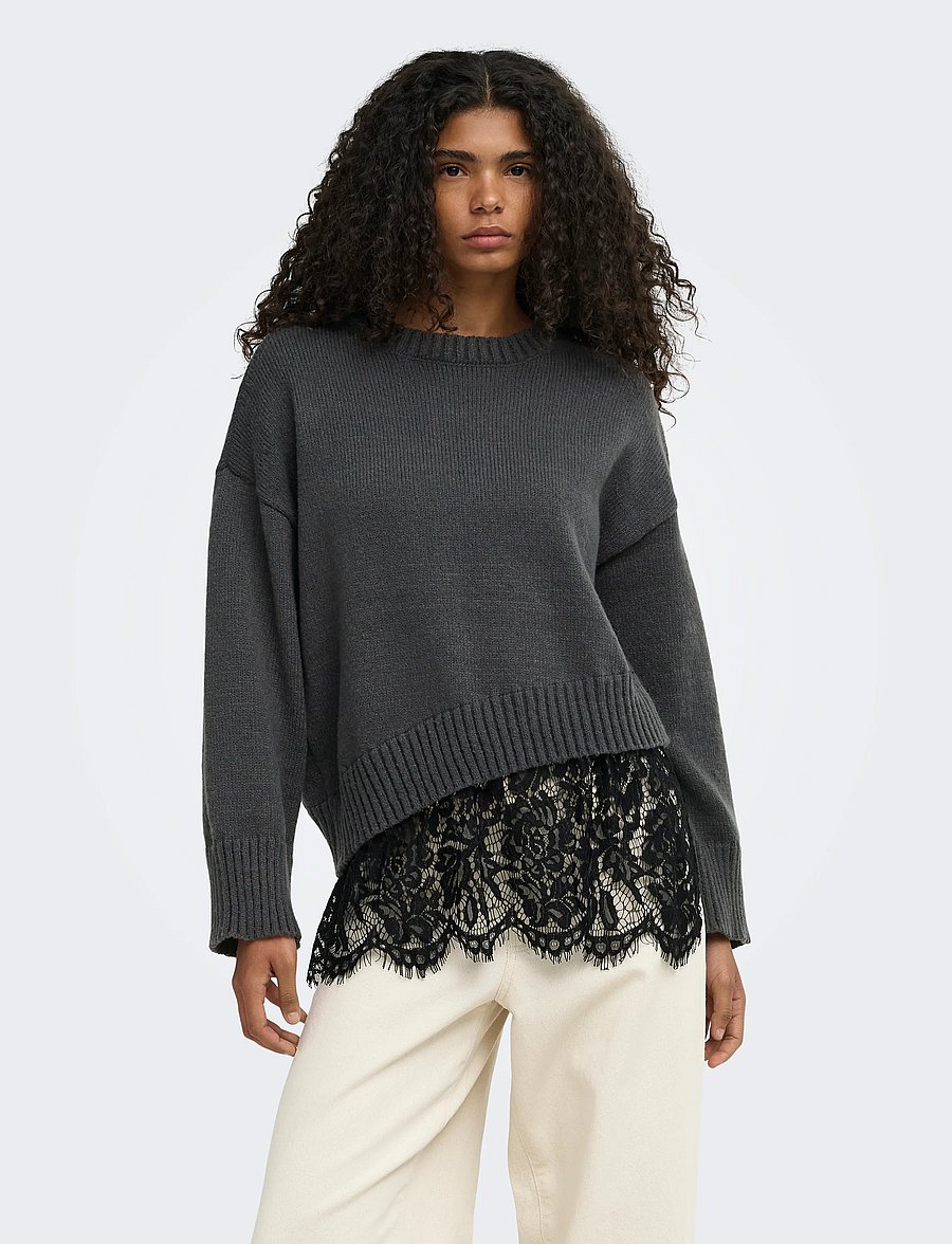 ONLY - ONLEVIE LS LACE MIX O-NECK KNT - stickade tröjor - dark grey melange - 0