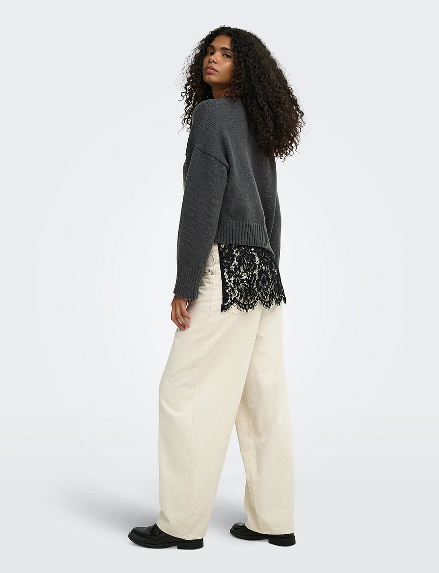 ONLY - ONLEVIE LS LACE MIX O-NECK KNT - stickade tröjor - dark grey melange - 3