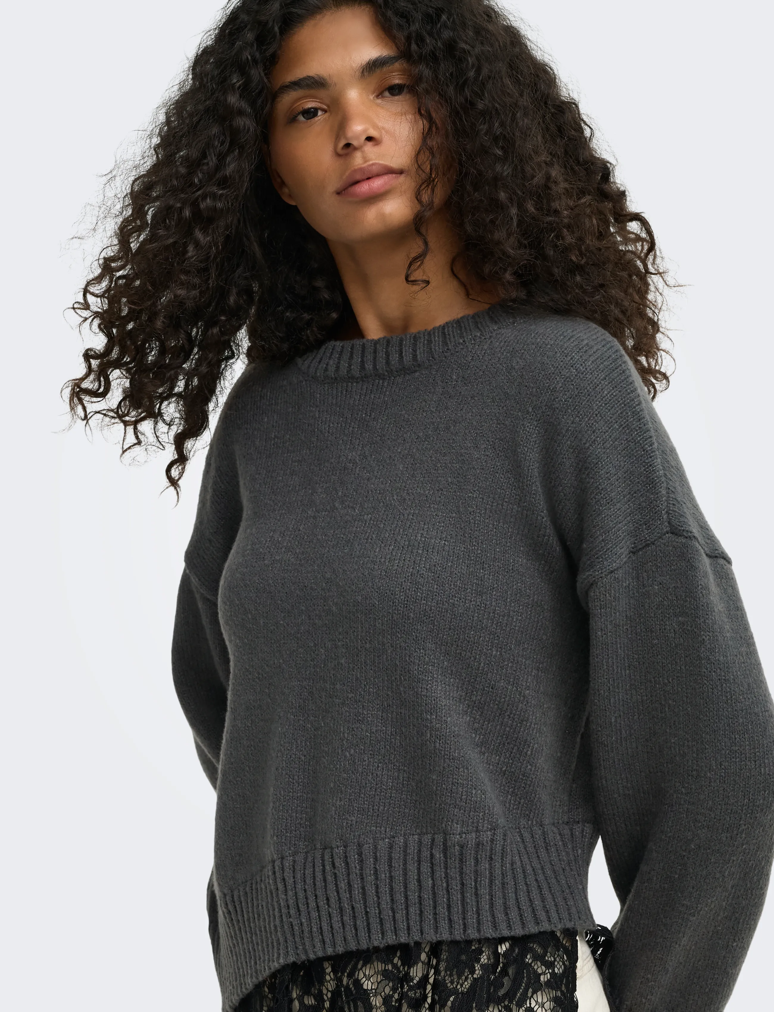 ONLY - ONLEVIE LS LACE MIX O-NECK KNT - stickade tröjor - dark grey melange - 5