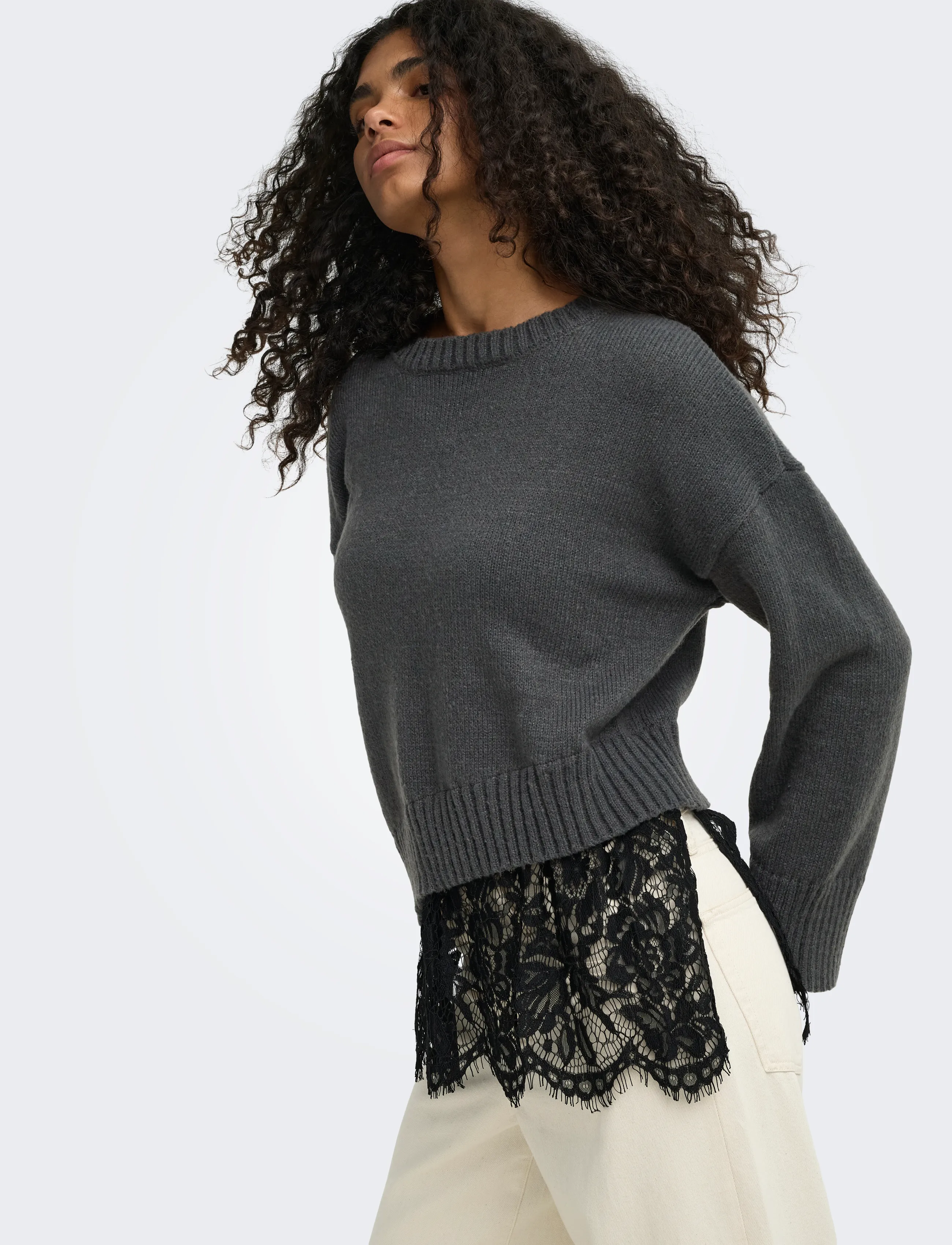 ONLY ONLEVIE LS LACE MIX O-NECK KNT - Geburtstag - DARK GREY MELANGE / grey
