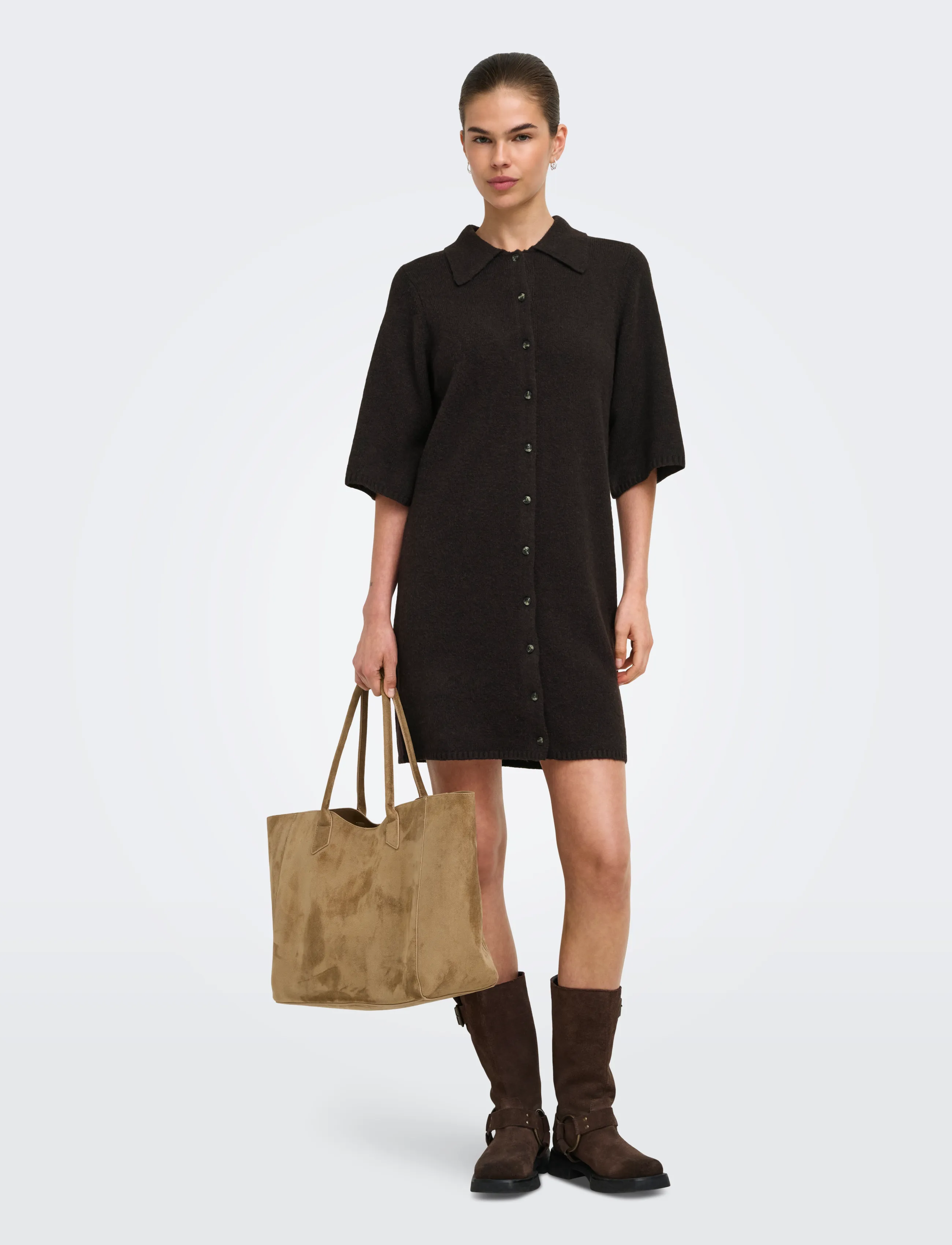 ONLY - ONLALIVIA 2/4 COLLAR DRESS KNT - skjortekjoler - coffee bean - 4