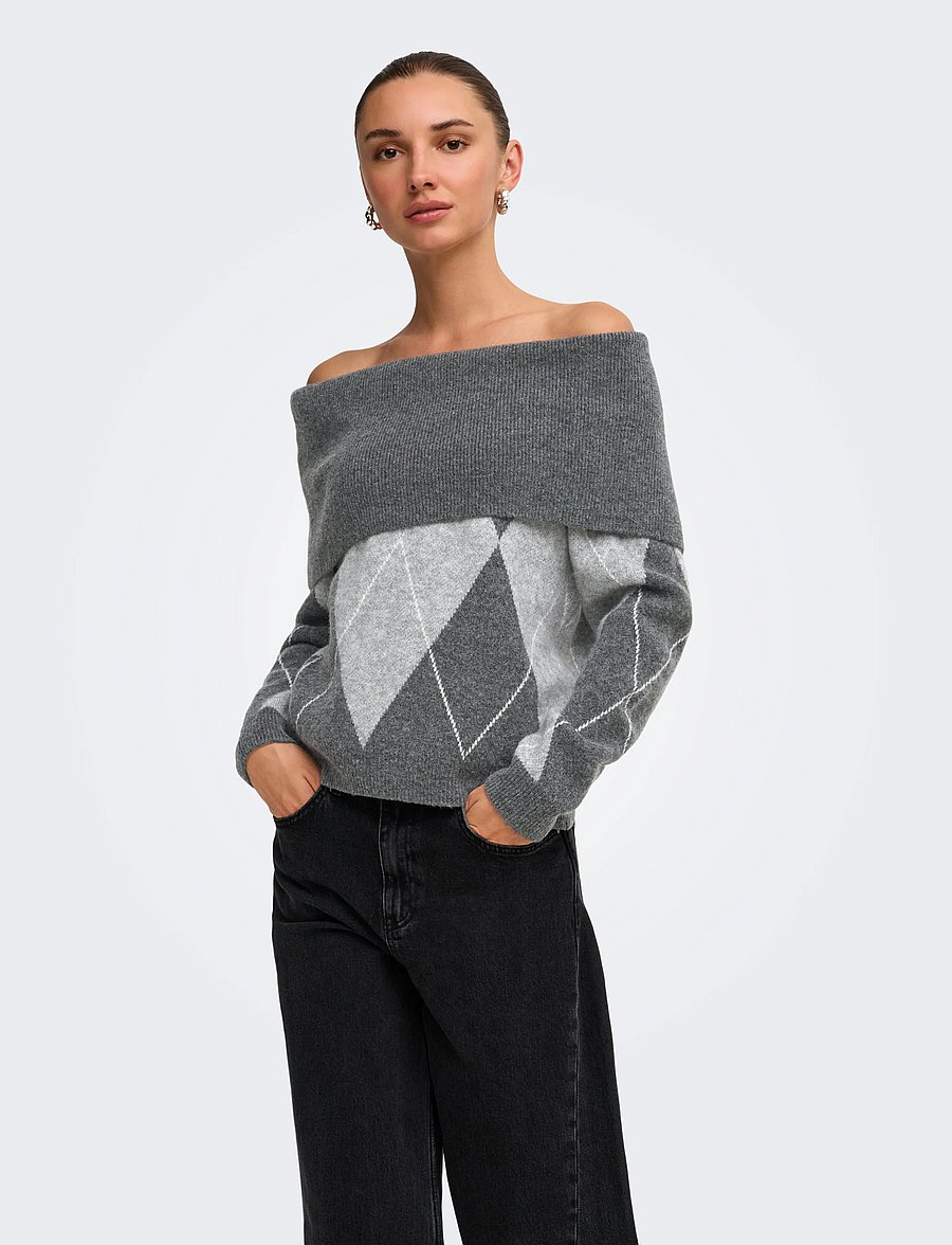 ONLY - ONLALIVIA LS OFF SHOULDER KNT - stickade tröjor - dark grey melange - 0