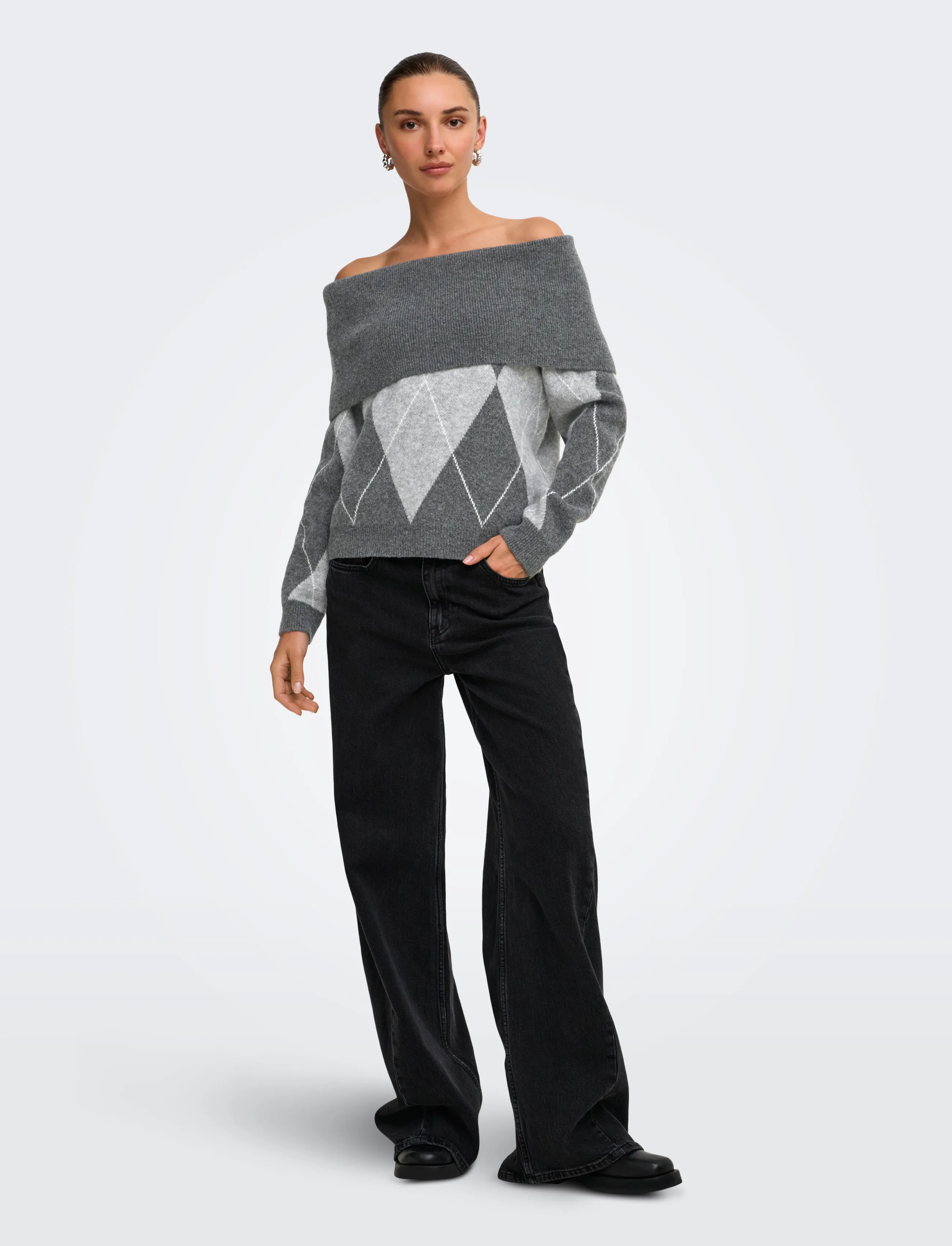 ONLY - ONLALIVIA LS OFF SHOULDER KNT - stickade tröjor - dark grey melange - 4