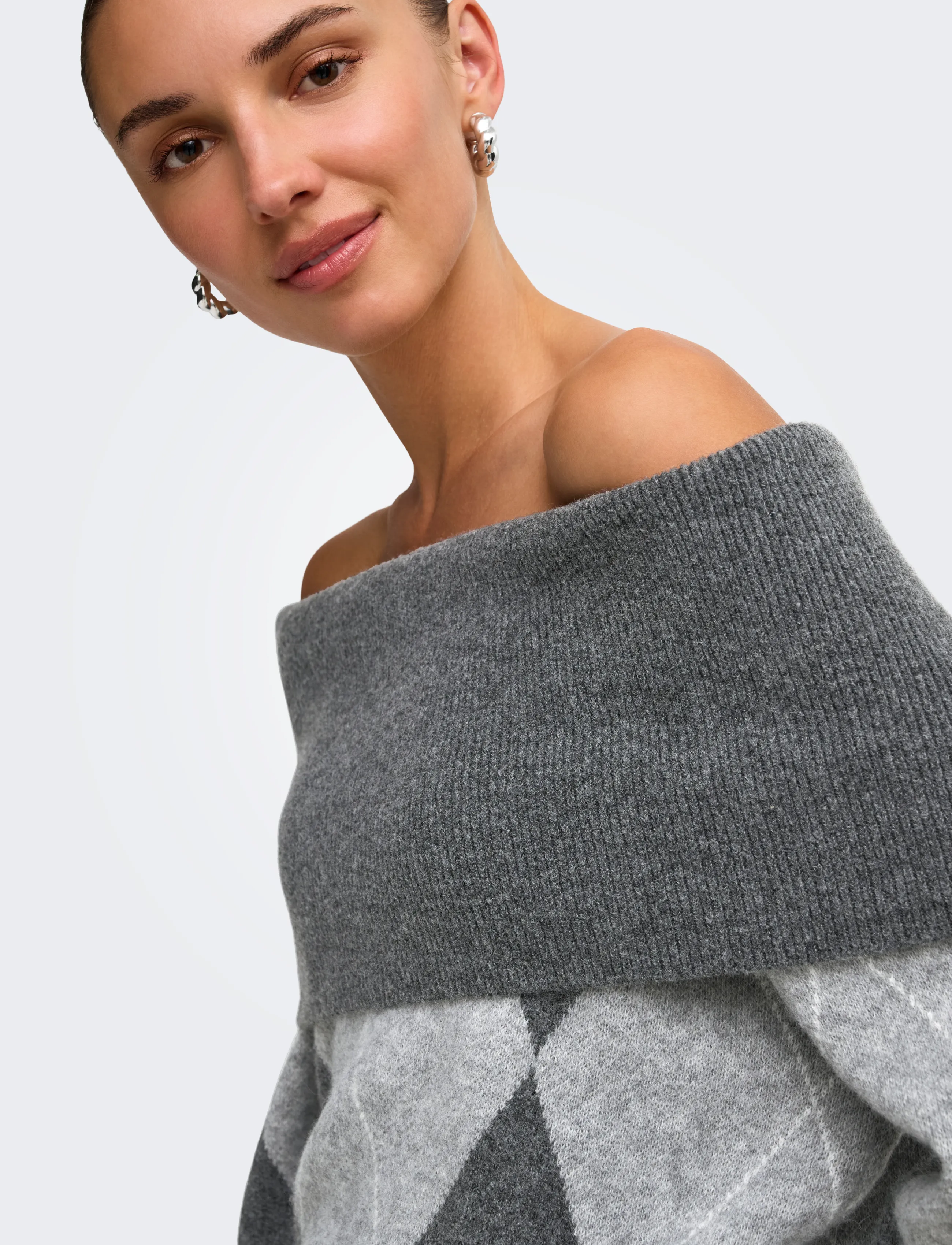 ONLY - ONLALIVIA LS OFF SHOULDER KNT - stickade tröjor - dark grey melange - 5