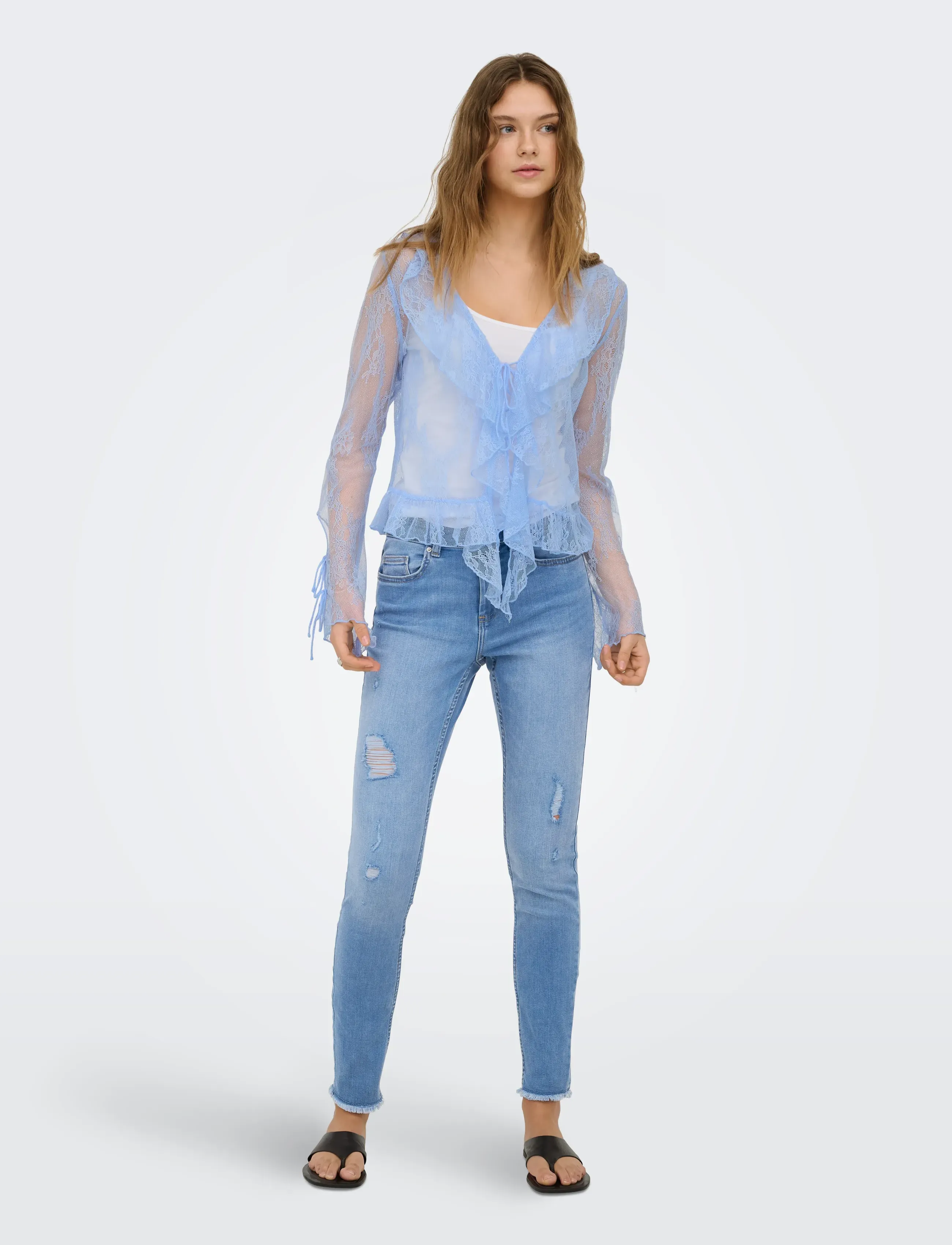 ONLY - ONLCALIBEA L/S RUFFLE TOP WVN EX - långärmade blusar - cashmere blue - 4