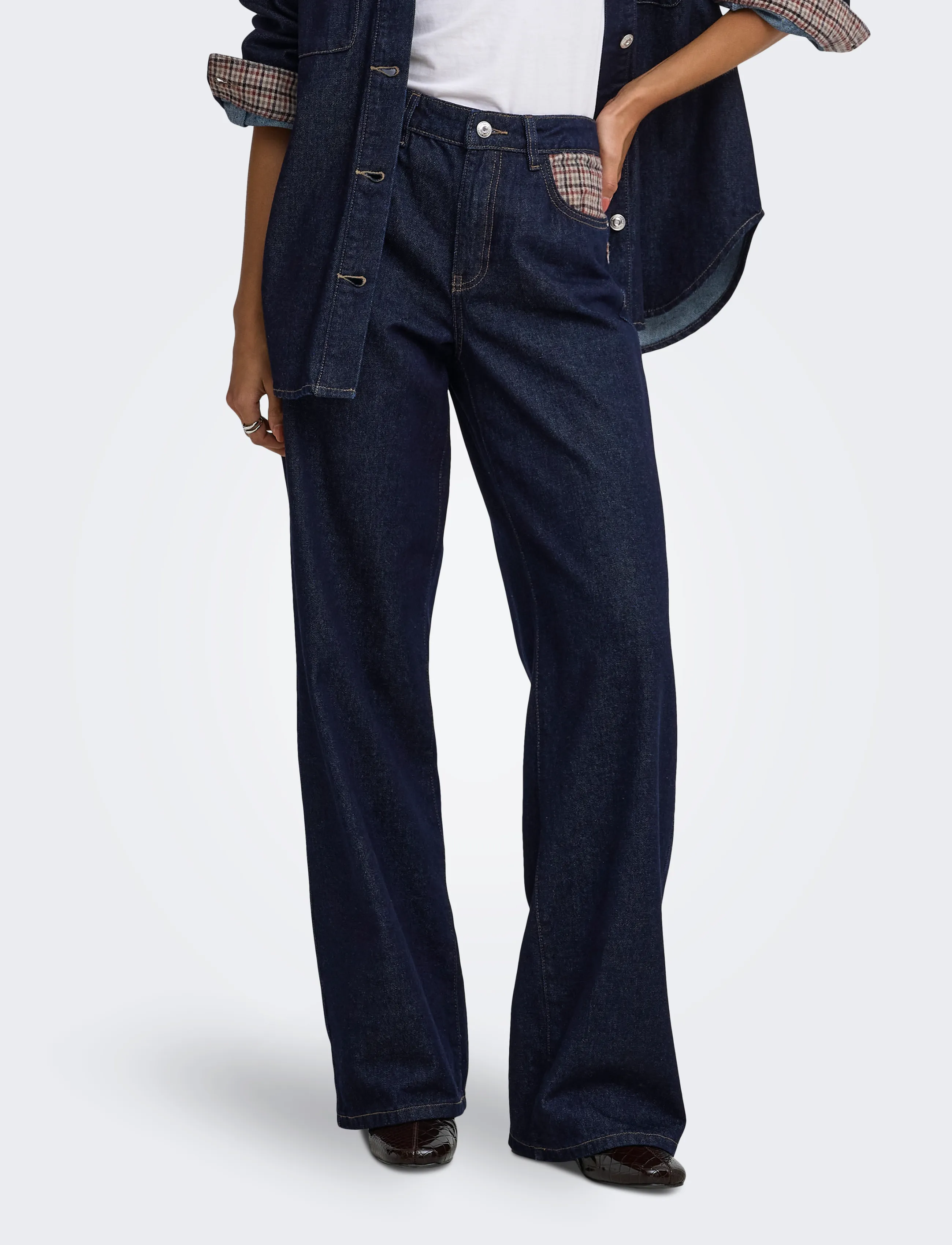 ONLY ONLHOPE HW WIDE CHECK DNM SIJI - Jeans - DARK BLUE DENIM / navy