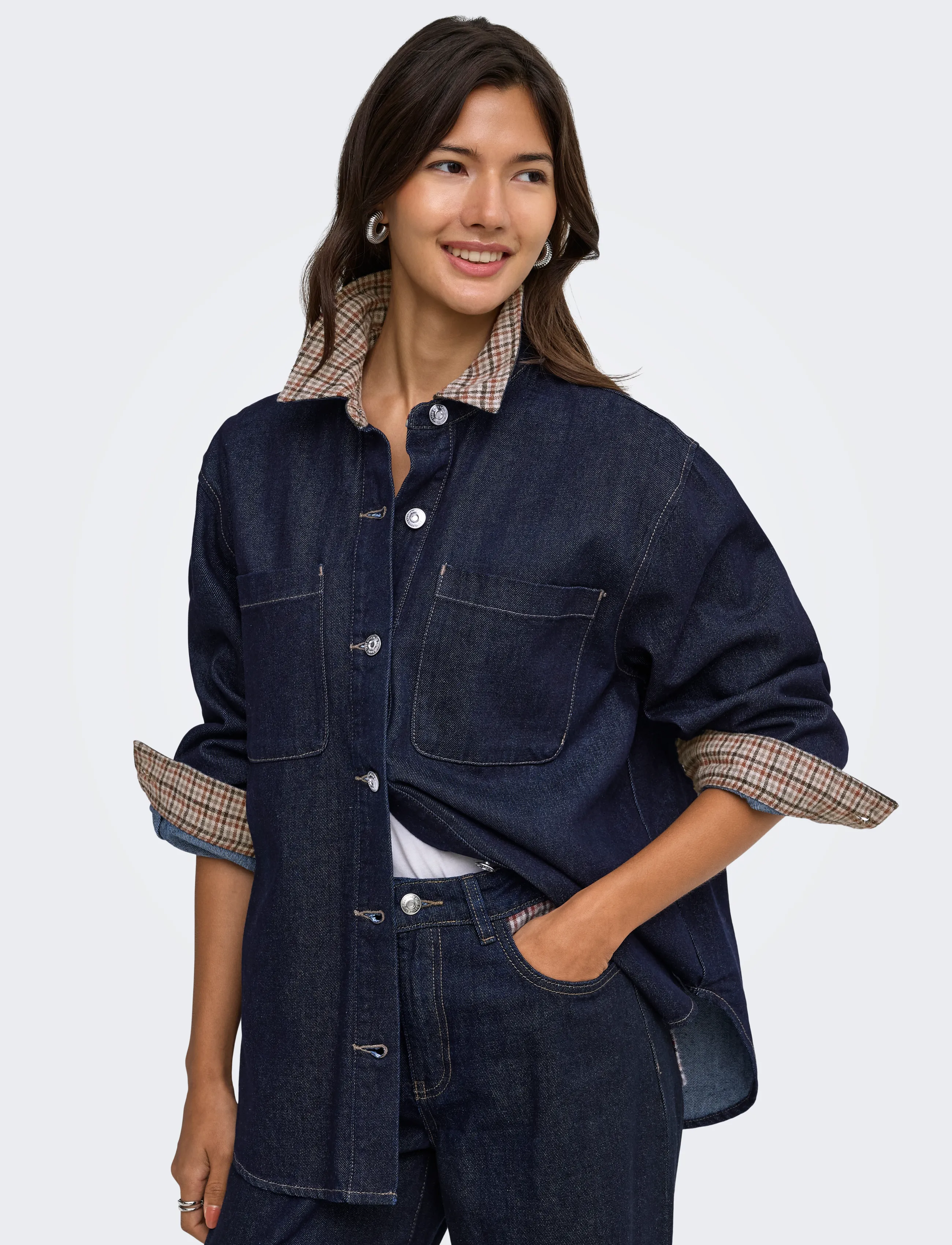 Blusar Only Vera Check Shirt Dark Blue Denim 10