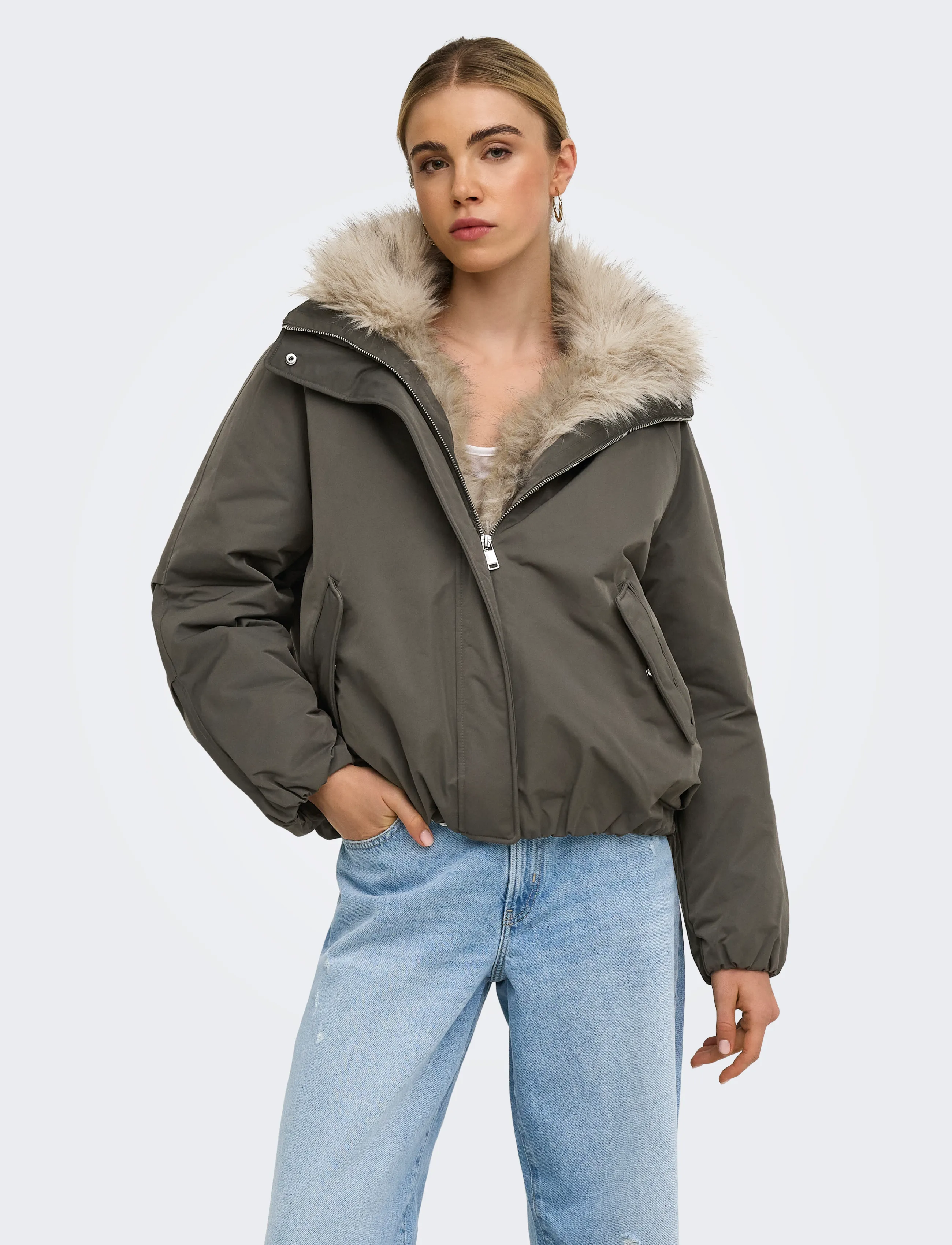 ONLY ONLAUDREY FUR COLLAR BOMBER OTW - Vaatteet - BLACK OLIVE / khaki/green