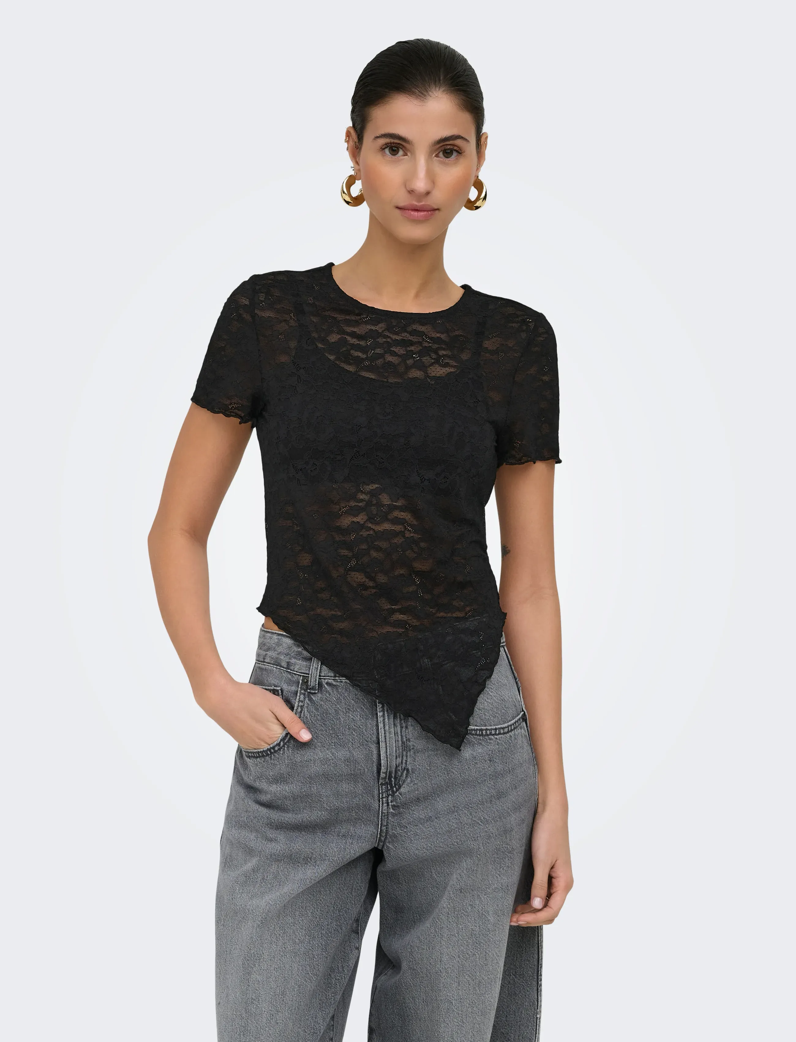ONLY Onlliva S/S Lace Top Cs Jrs, S, T-shirts & Oberteile, Schwarz - Short-sleeved, Frauen