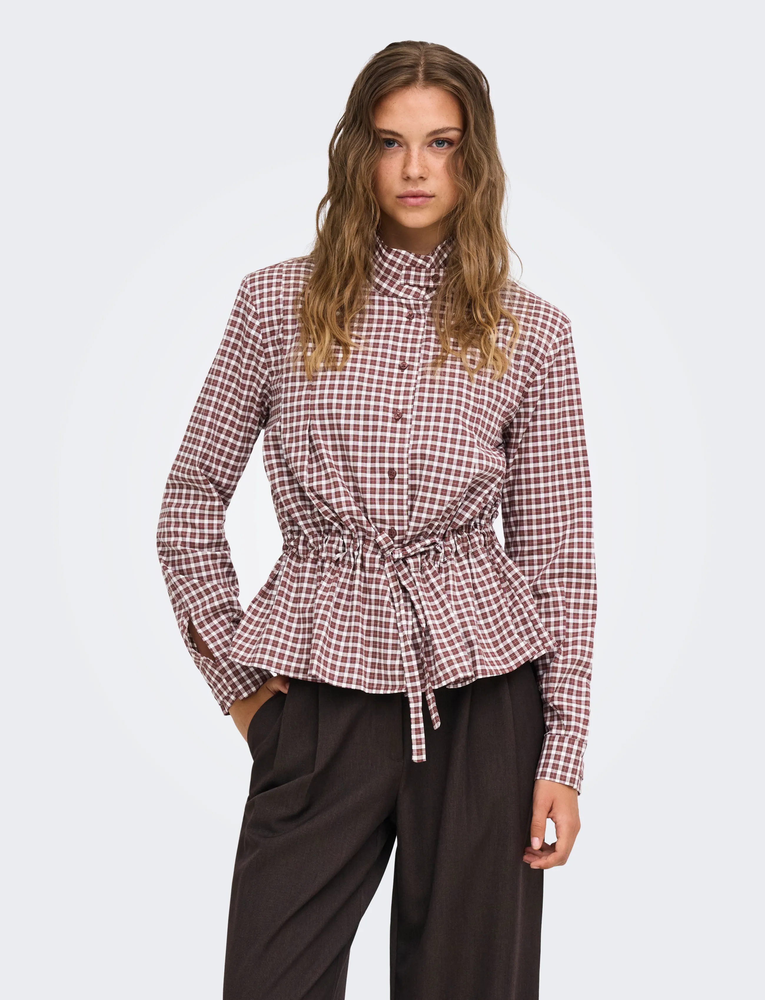ONLY Onlkeery Ls Highneck Tie Shirt Ex Wvn, M, Shirts, Braun - Long-sleeved, Frauen