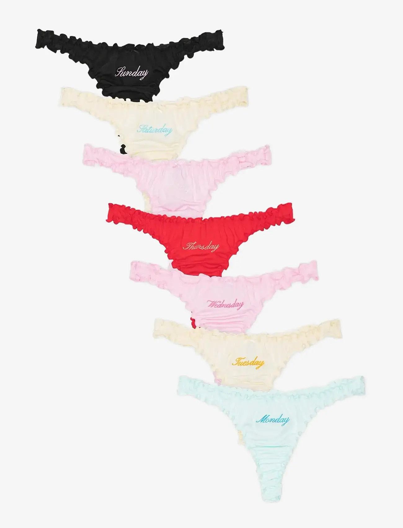 Organic Basics - Core Ruffled Thong Week-Pack - string - seafoam / fairy pink / dragon red / soft vanilla / black - 0