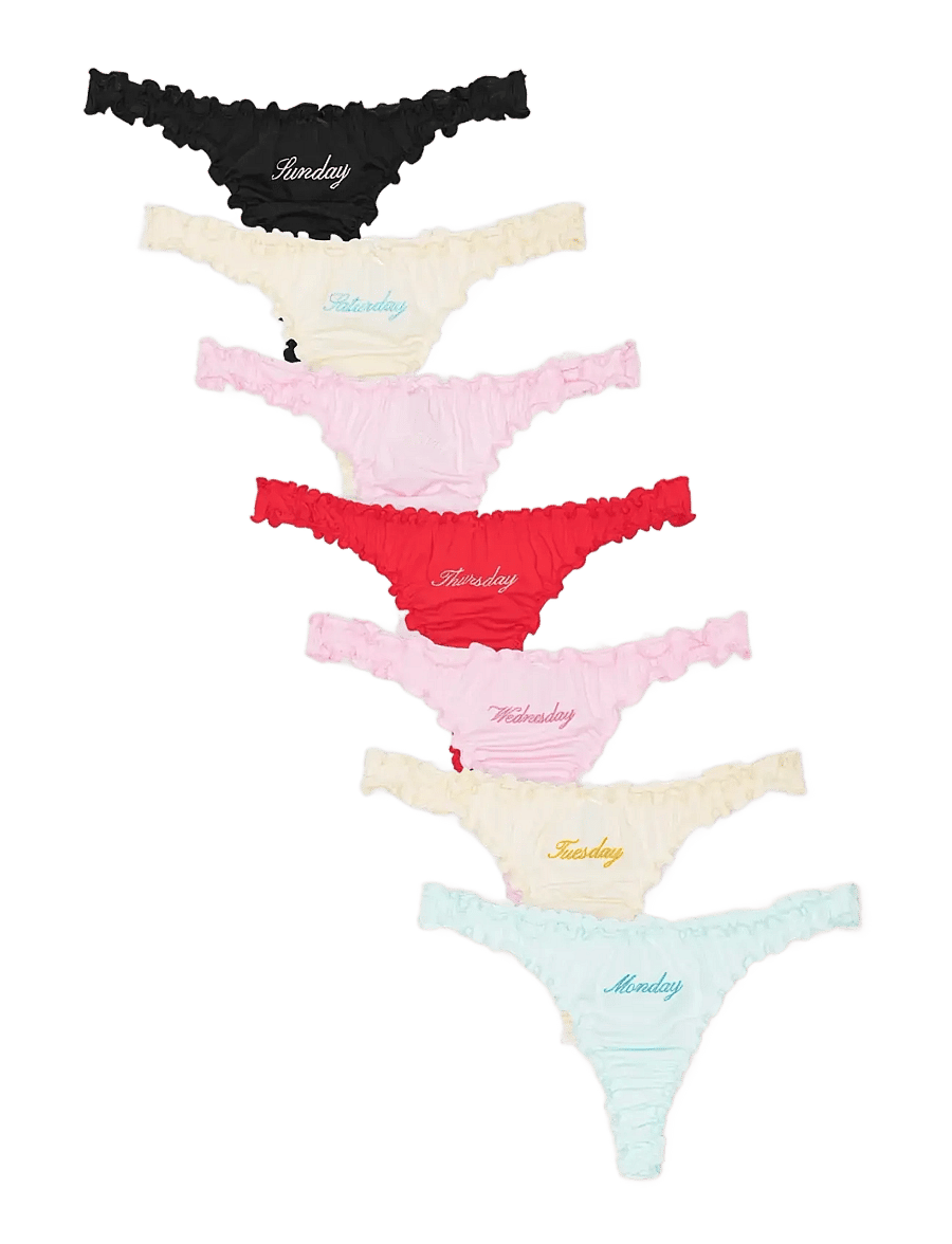 Organic Basics - Core Ruffled Thong Week-Pack - stringid - seafoam / fairy pink / dragon red / soft vanilla / black - 0