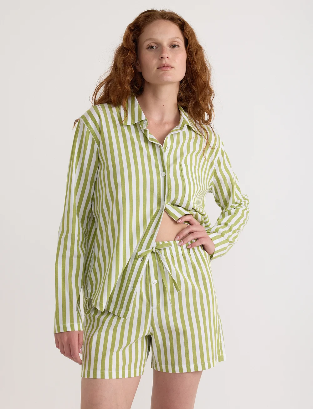 Organic Basics - Core Sleep Poplin Shorts - night & loungewear - matcha green stripe - 0