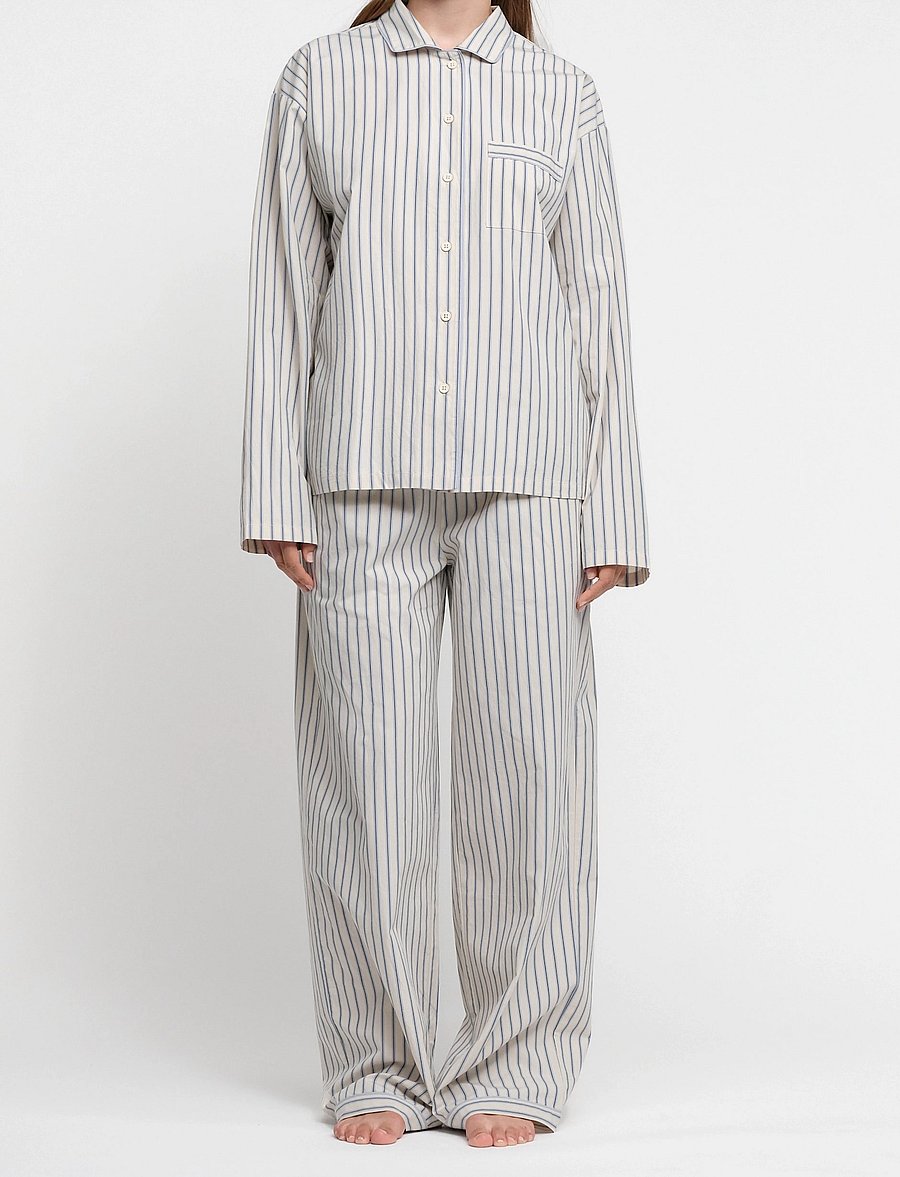 Organic Basics - Core Sleep Poplin Pants 2.0 - pyjamasbyxor - cloudy blue stripe - 0