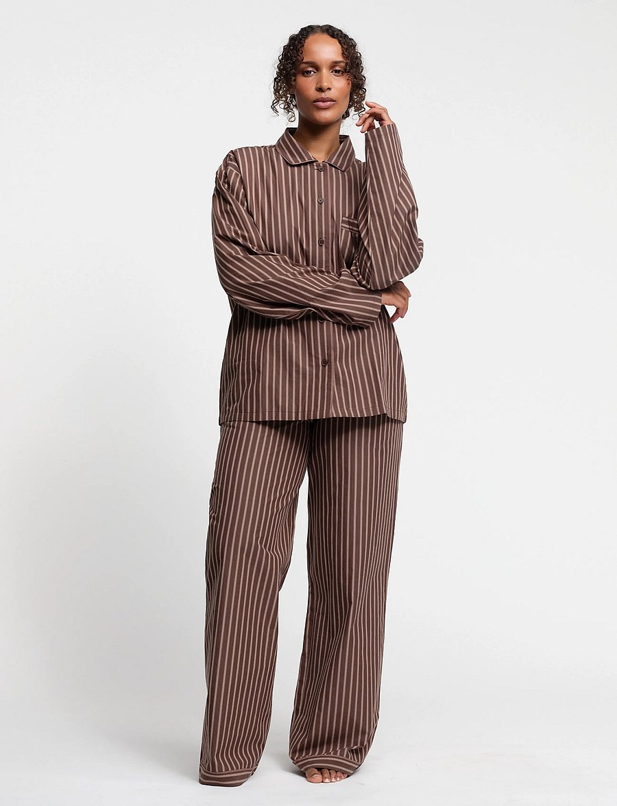 Organic Basics - Core Sleep Poplin Pants 2.0 - pyjamasbyxor - truffle stripe - 0