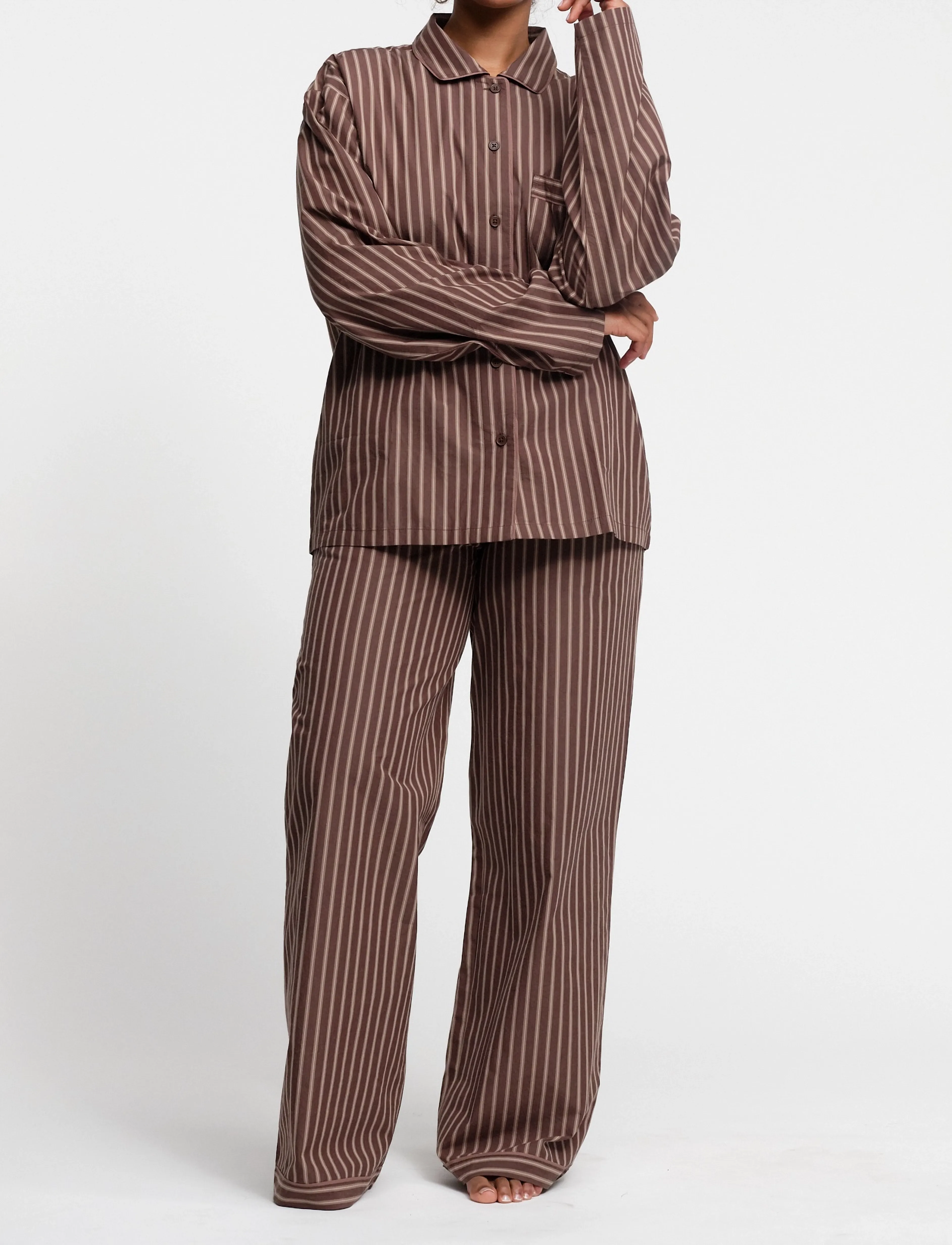 Organic Basics - Core Sleep Poplin Pants 2.0 - pidžaamapüksid - truffle stripe - 0