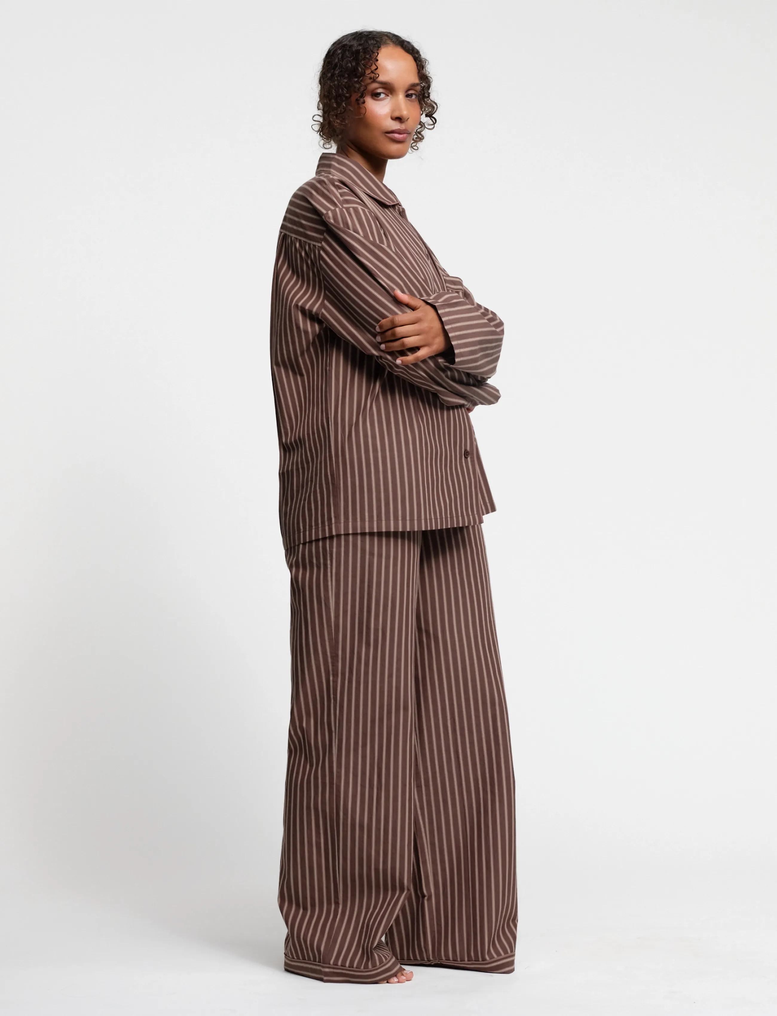 Organic Basics - Core Sleep Poplin Pants 2.0 - pyjamasbyxor - truffle stripe - 3