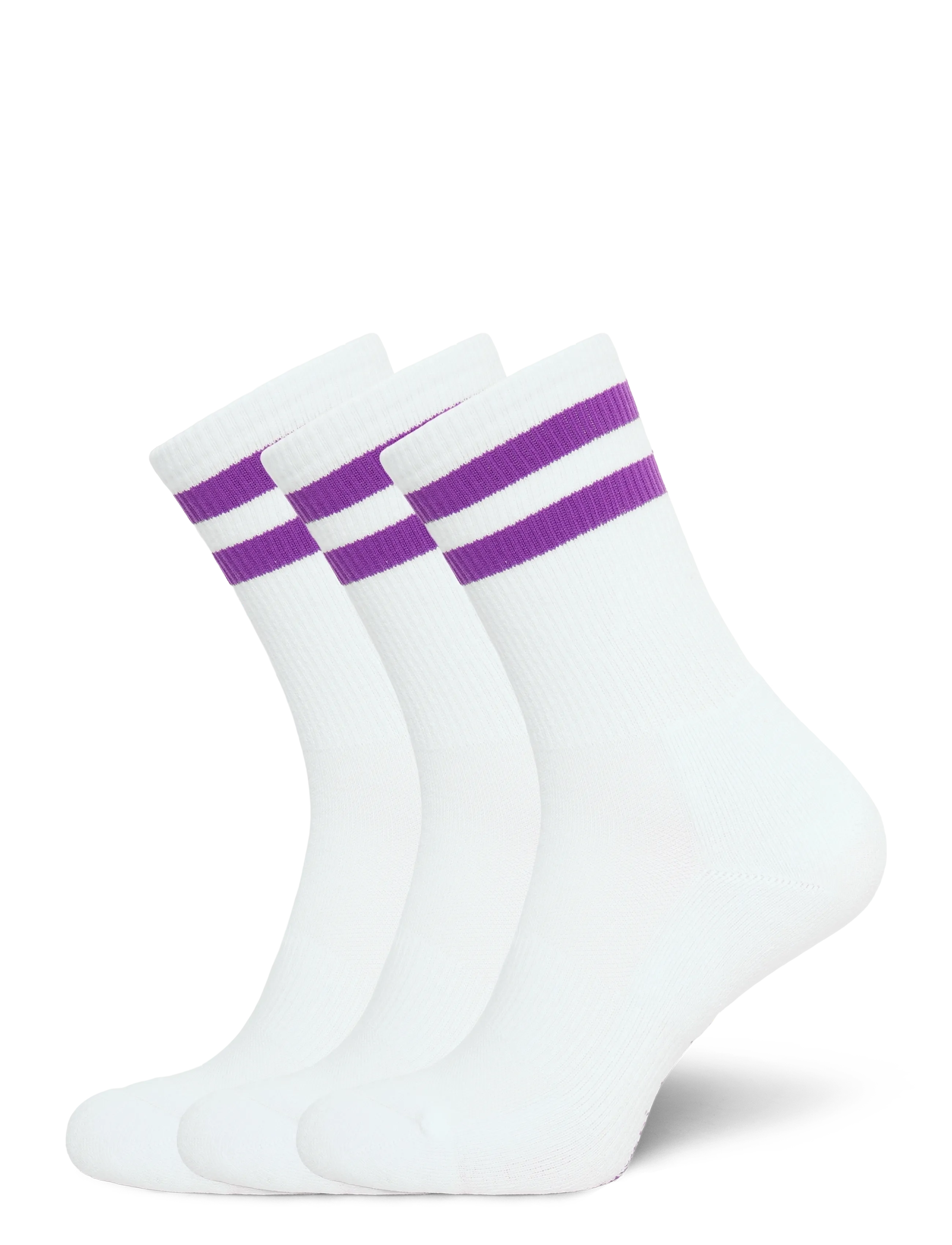 Organic Basics Core Stripe Crew Socks 3-pack - Lange strømper - WHITE / AUBERGINE / white