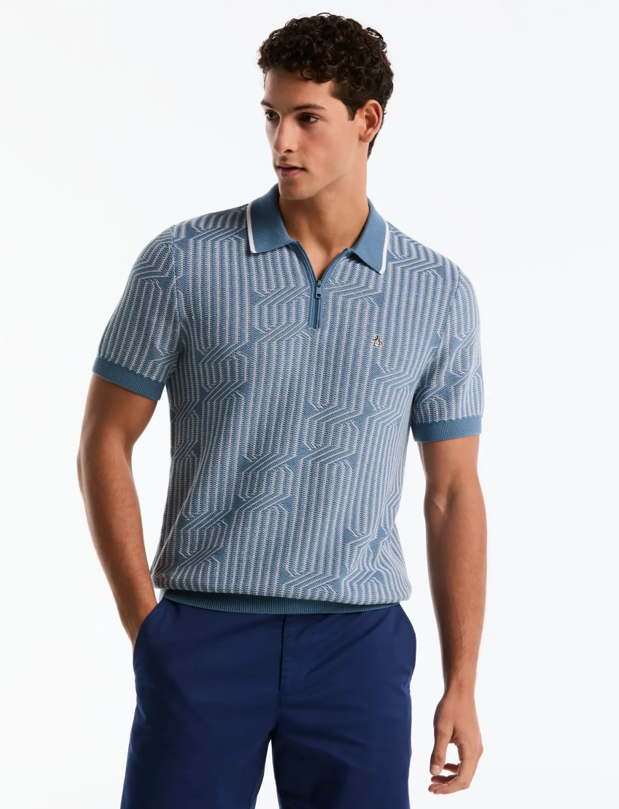Original Penguin 9Gg Cttn Geo Cable 1, XL, Blue, Strik > Kortærmede Strikkede Poloer, Herre