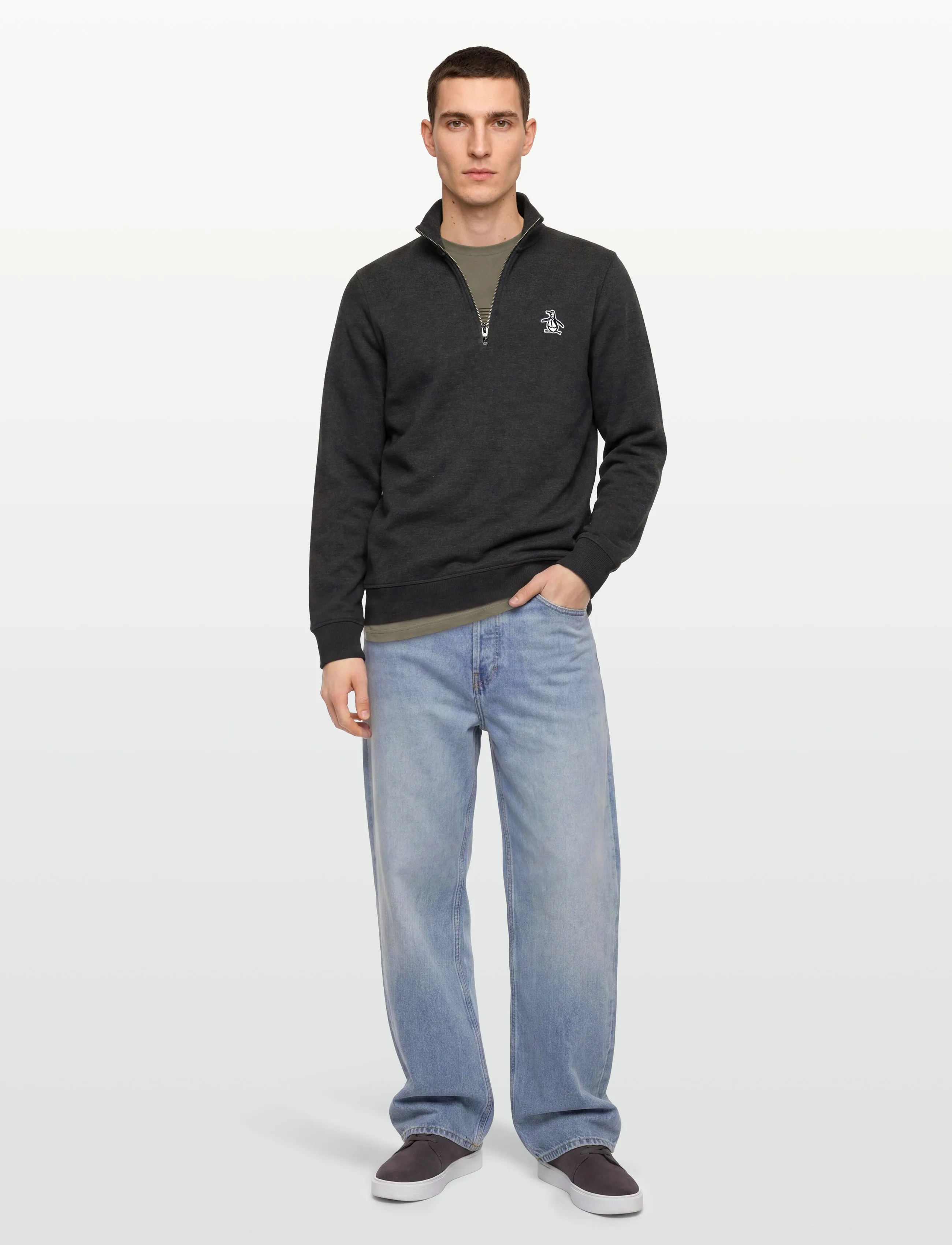 Original Penguin L/S Fleece Quarter Z, Mænd, Kvart Lynlås Fleecetrøje, Grå, Str: M