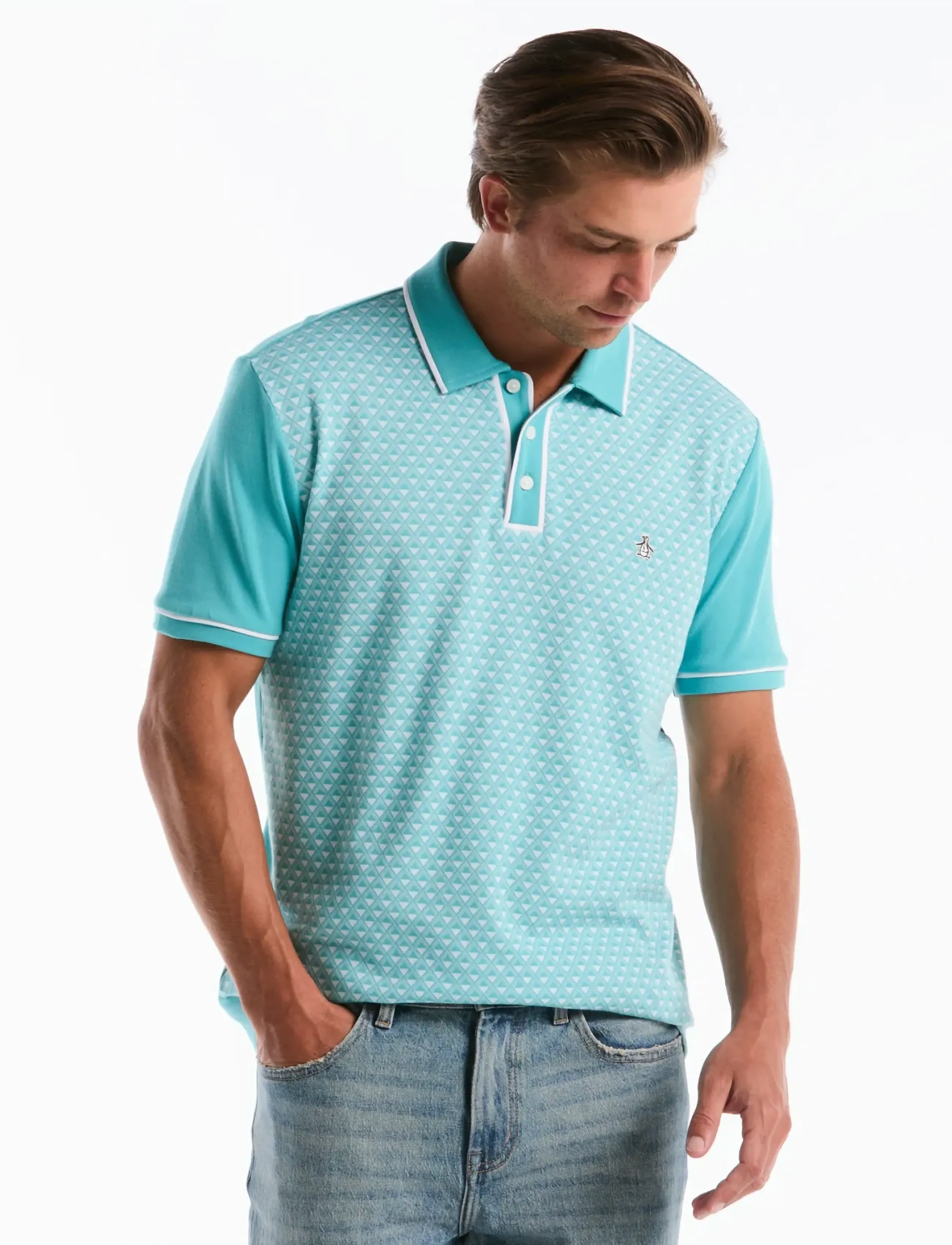 Original Penguin Diamond Jqrd Frnt In Polo, Mænd, Diamant Jacquard Poloshirt, Hvid, Str: M