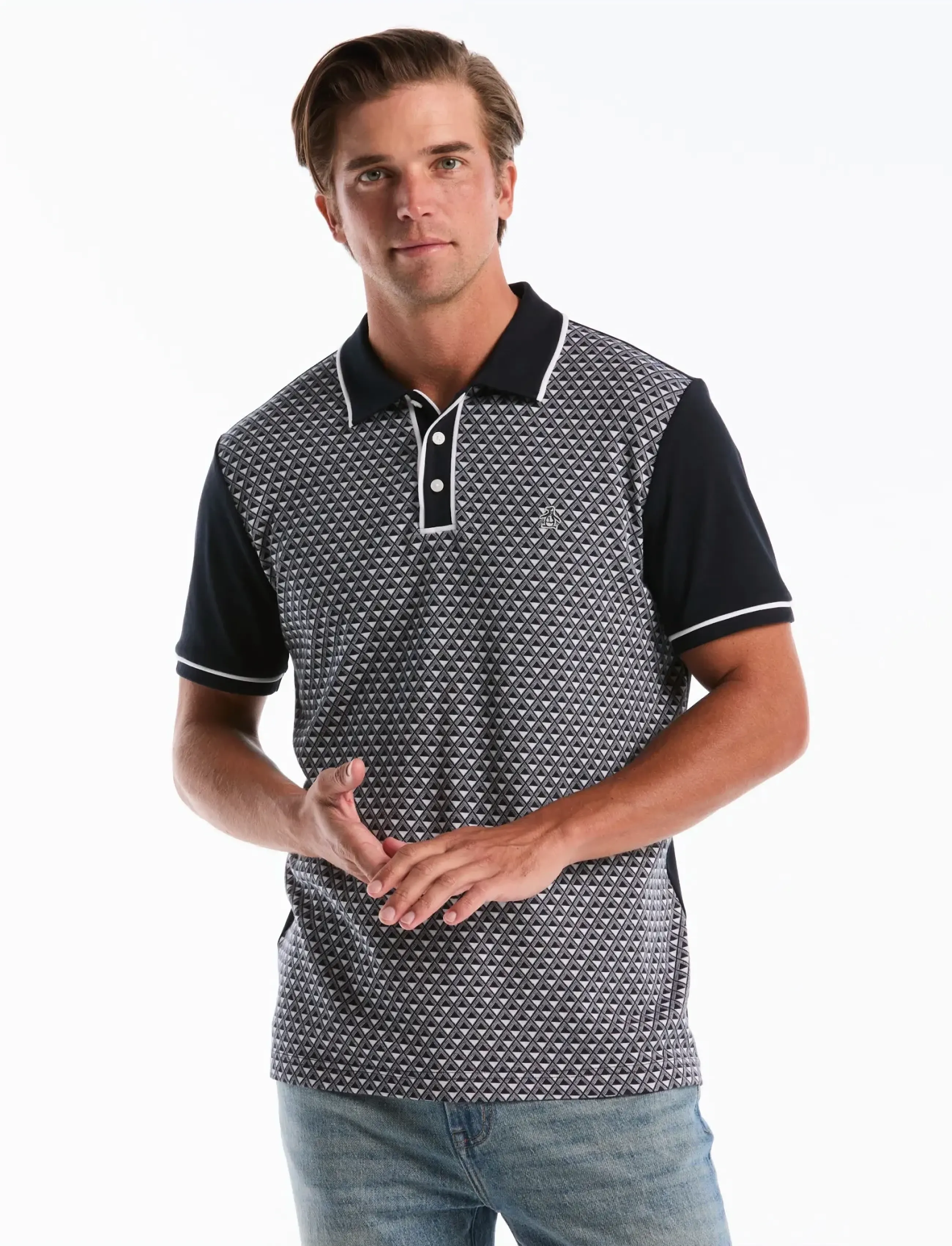Original Penguin Diamond Jqrd Frnt In Polo, Mænd, Diamant Jacquard Poloshirt, Navy, Str: S
